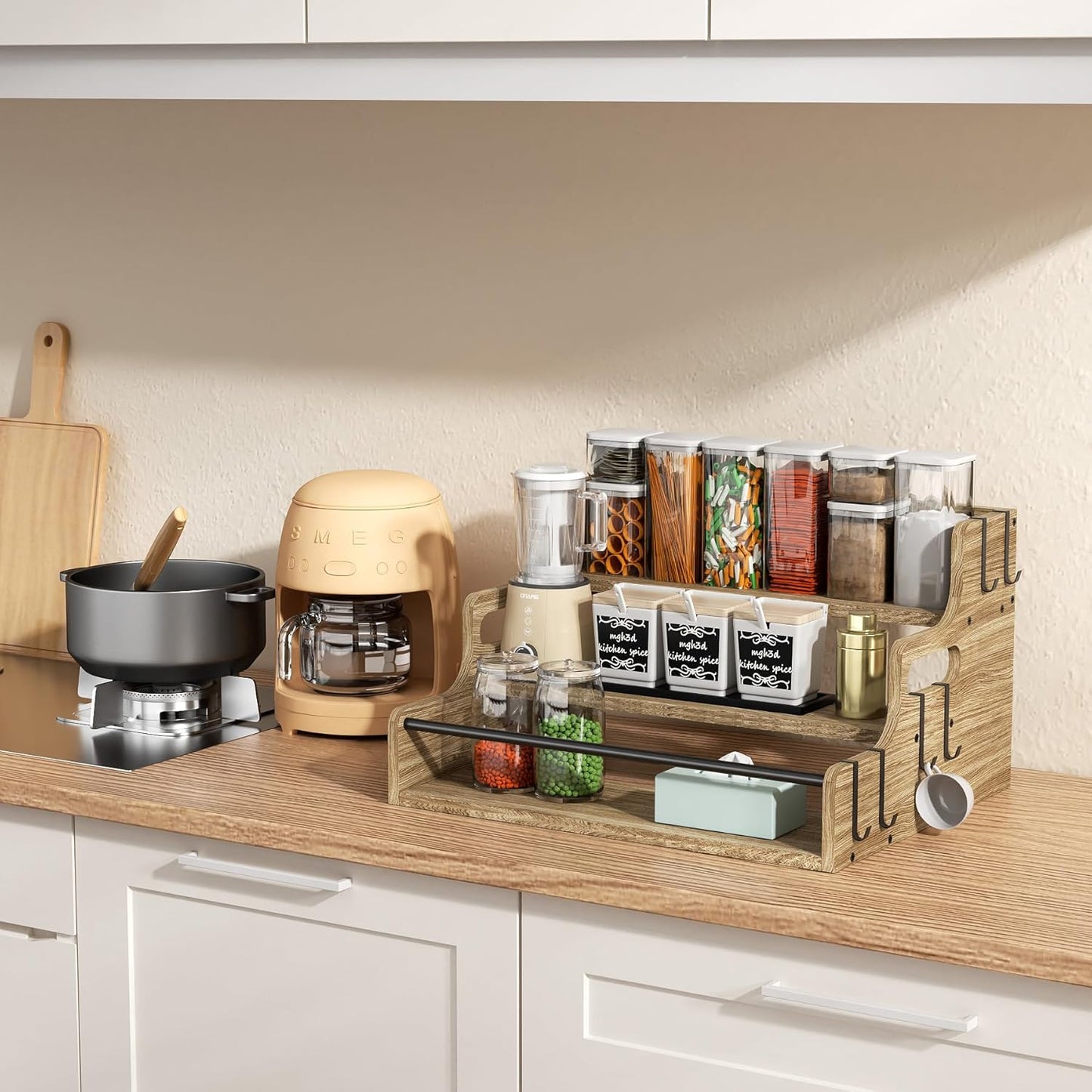 3-Tier Liquor Bottle Display Shelf, Bar Stand for Whiskey, Spirits, Coffee Syrup Rack Organizer, Countertop Wine Rack for Home, Mini Coffee Bar, Small Liquor Cabinet and Kitchen Light Brown