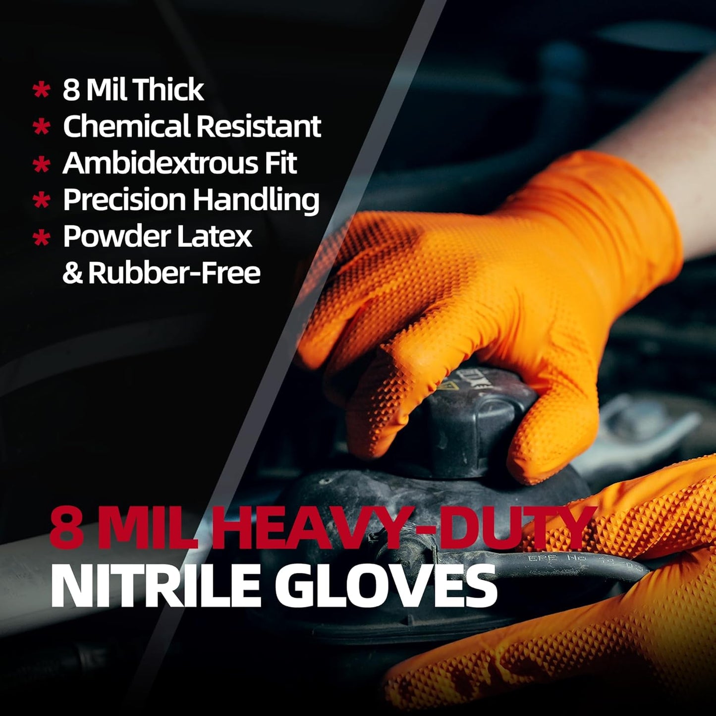 Jointown Basic Heavy Duty Nitrile Gloves, Mechanic Gloves 8 Mil Nitrile Disposable, with Raised Diamond Texture, Case of 100, Orange, Large