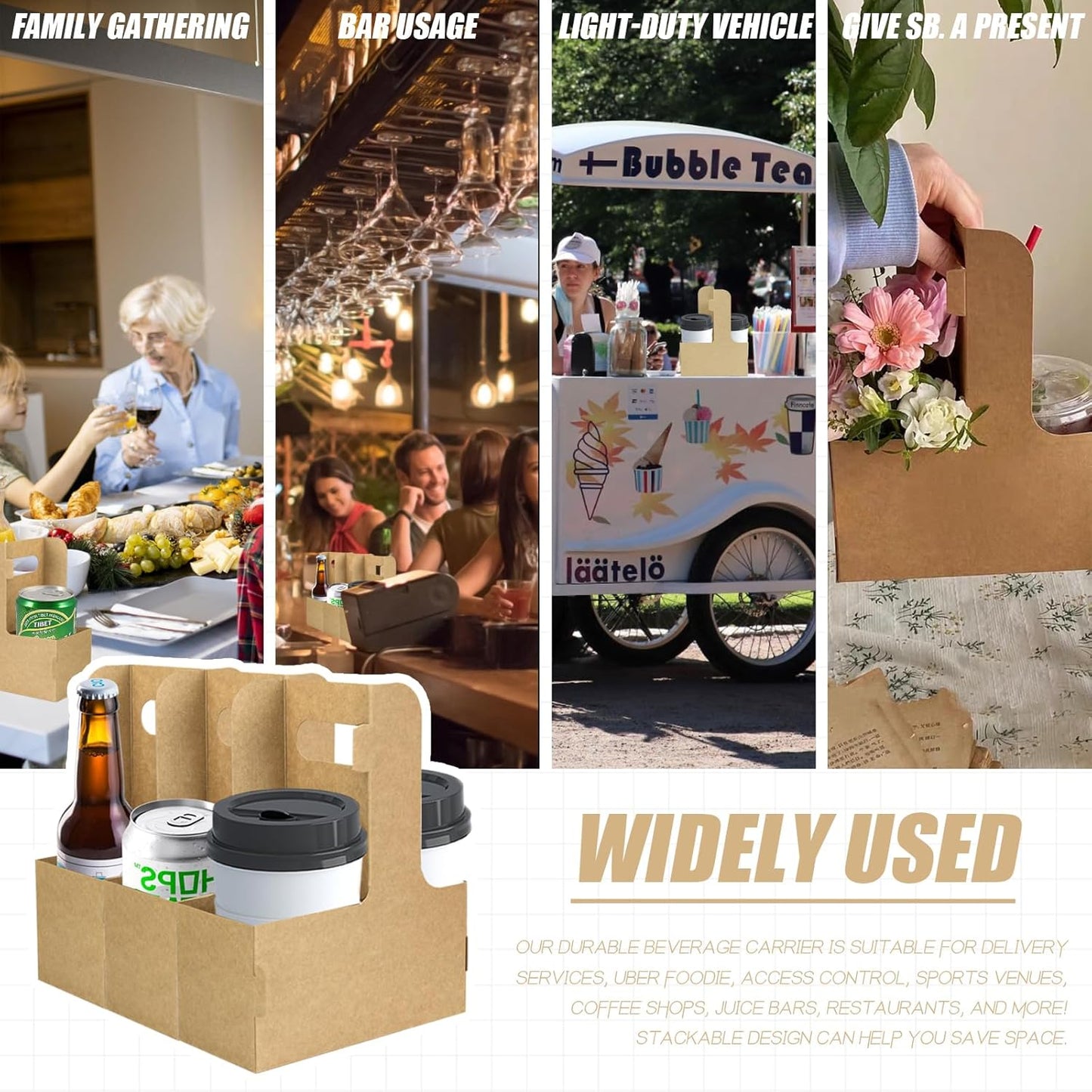 2 Cup Disposable Drink Carrier for Delivery with Handle,15 Count Kraft Paperboard Cup Holder,Cup Carriers for Hot or Cold Drinks,Coffee Carrier, Food Delivery,Take Out Cup Carriers (Brown)