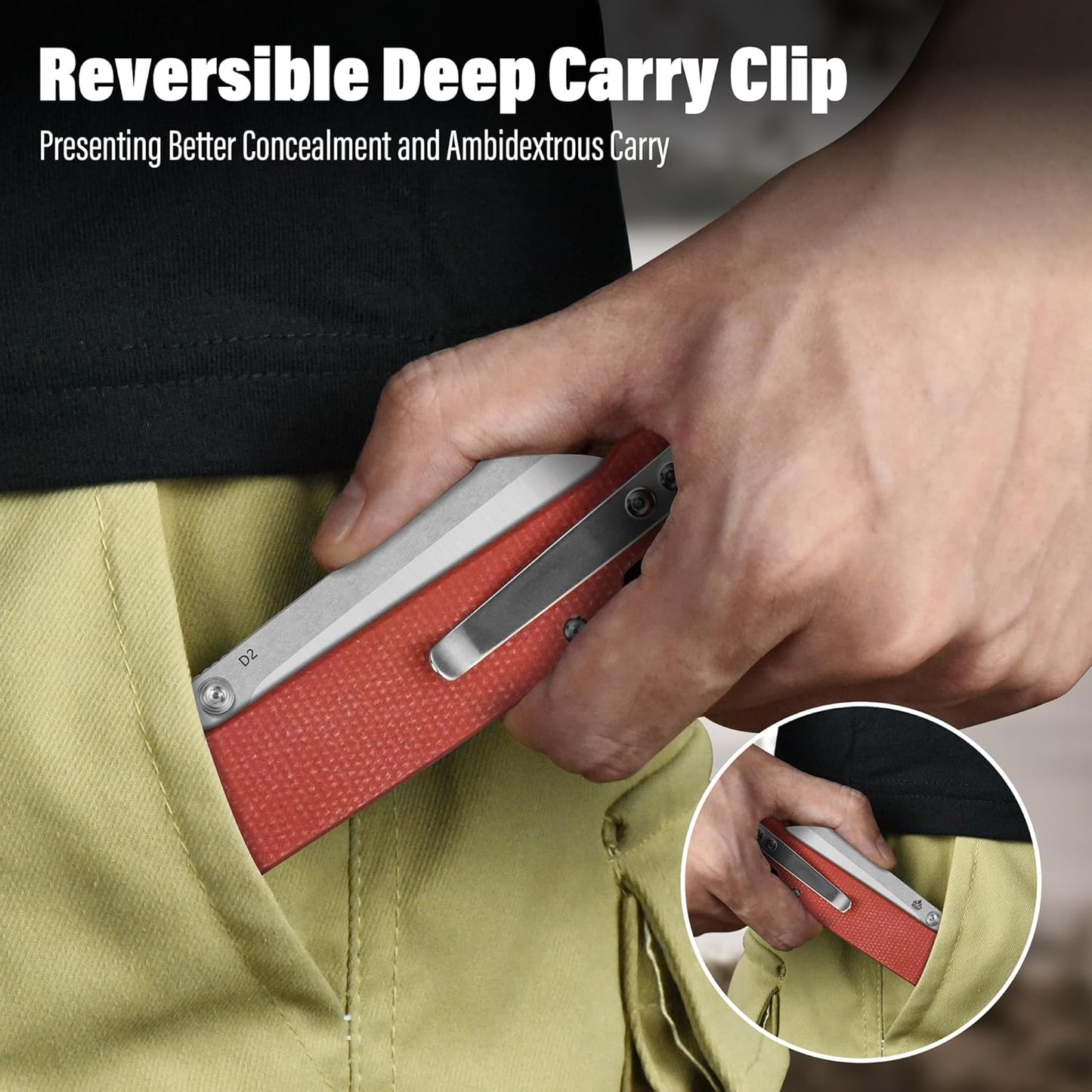 QSP Penguin V2 Folding Pocket Knife, 3.06" D2 Two Tone Finish Stonewash Satin Blade EDC Knife, Red Micarta Handle, Liner Lock, Ceramic Ball Bearings, Reversible SS Deep Carry Clip