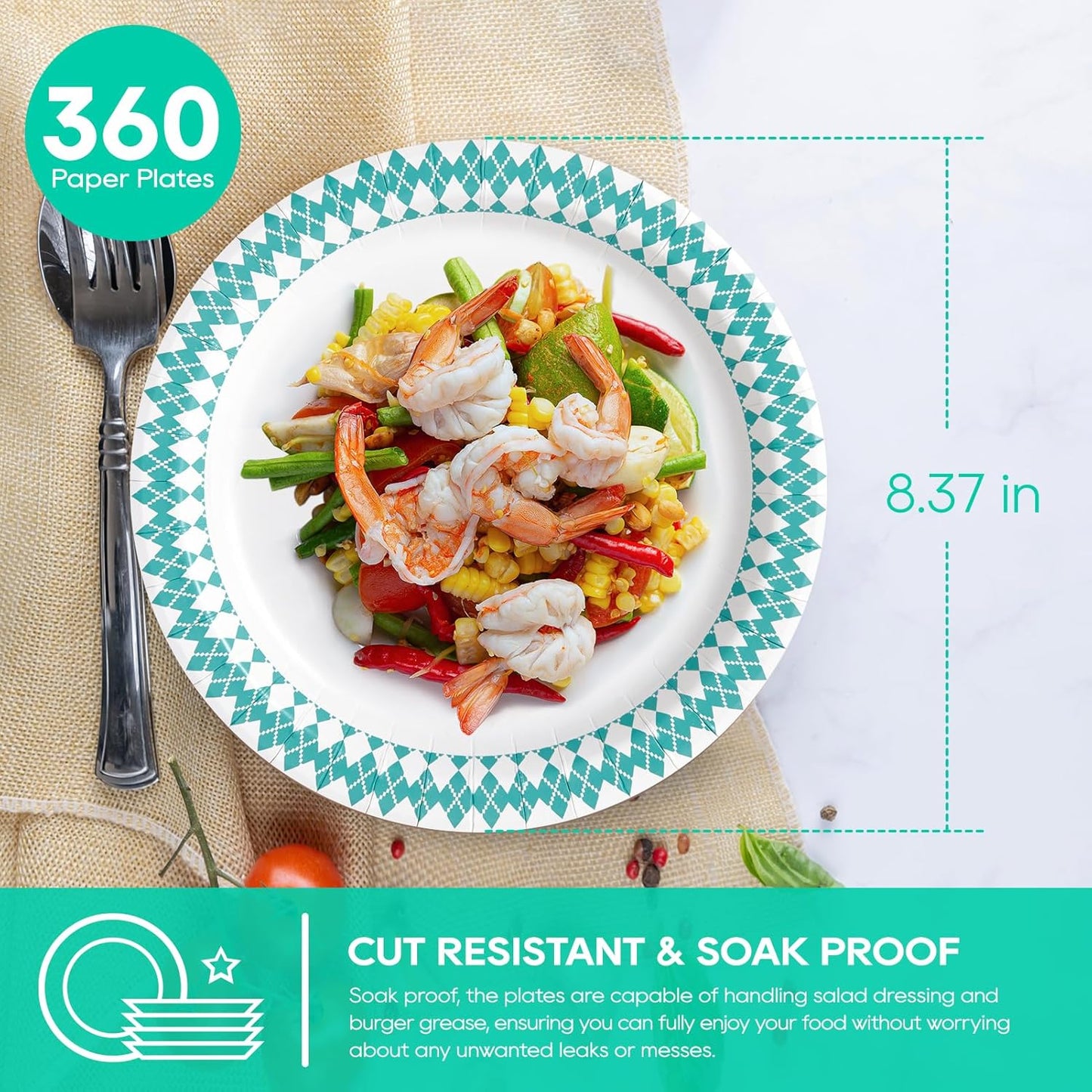 JOLLY PARTY 8.37 inch Disposable Paper Plates, 360 Count Dinner Plates, Soak Proof, Cut Proof for Everyday Use, Blue Diamond Pattern Rim Design