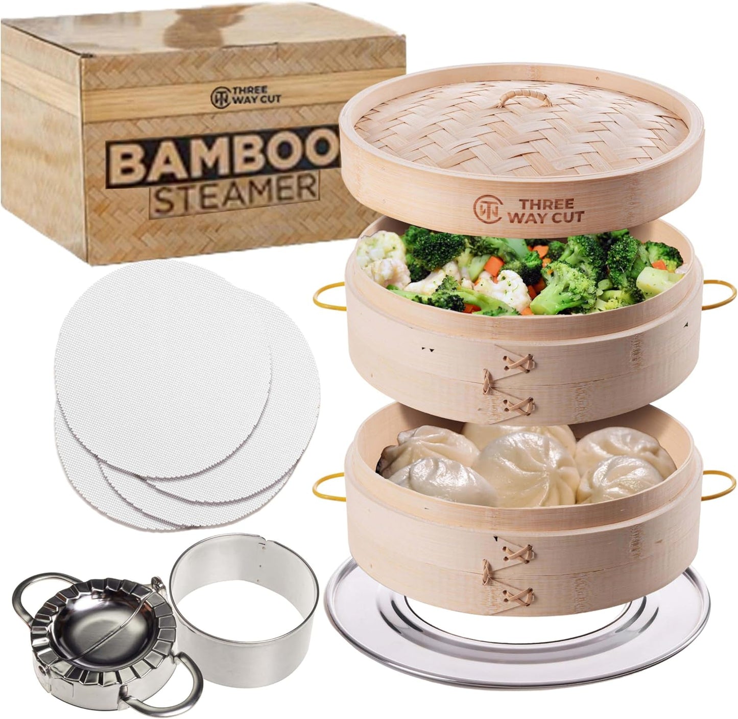 2 Tier Bamboo Steamer- 10" Baskets With Handle, Silicone Liner, Adapter, Molder Press For Cooking Vegetables Dumpling Press & Dough Cutter for Steaming Chinese Asian Food & Bao Bun, Dim Sum Potsticker