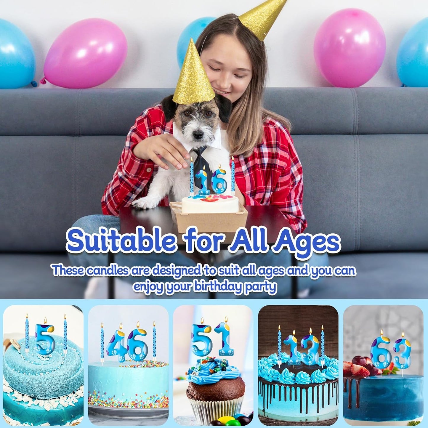 13PCS Blue Dog Paw Birthday Candles Set Cake Topper Numeral Birthday Candles for Boy Girl Dog Paw Decoration(Number 6)