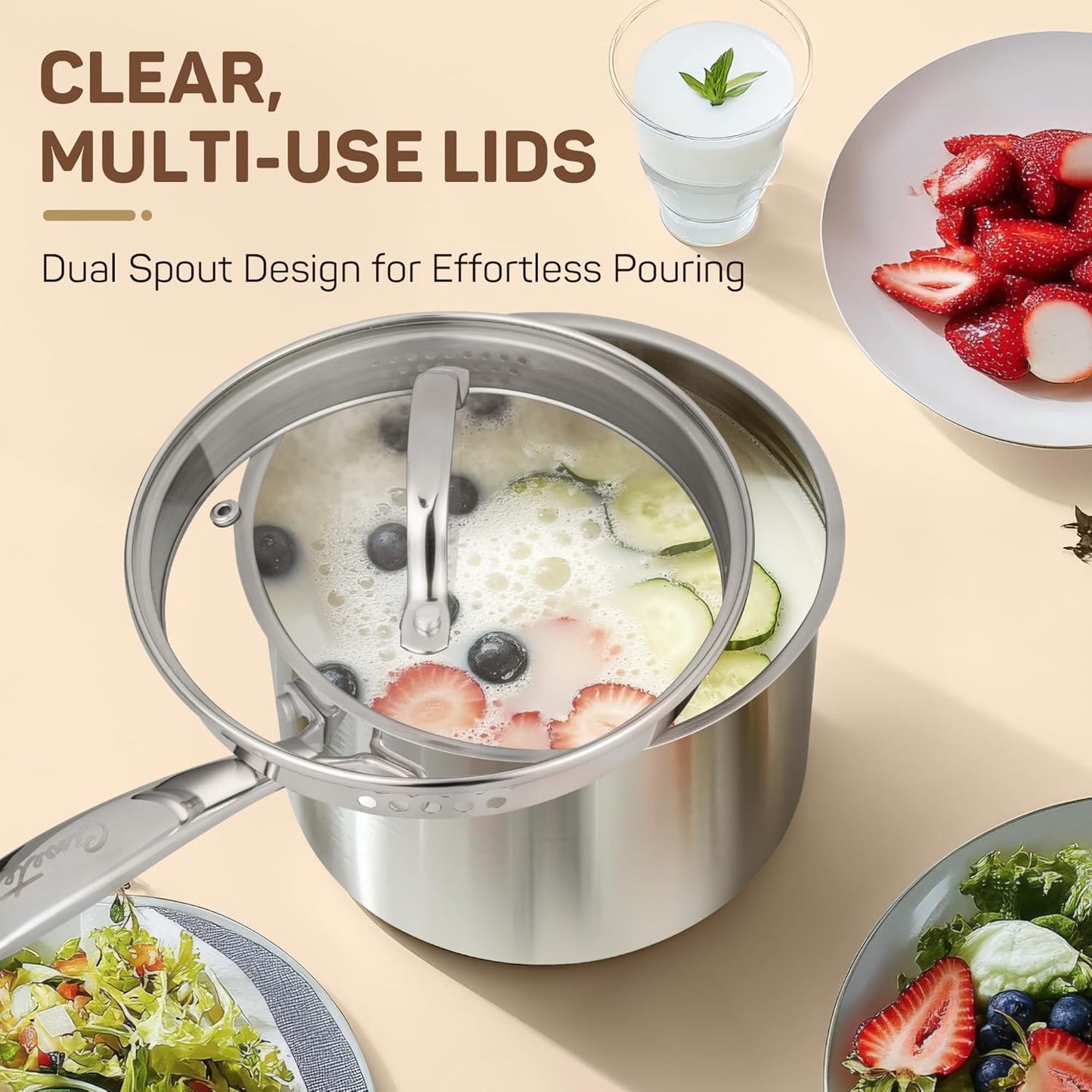 2 Qt Stainless Steel Saucepan with Glass Strainer Lid, 2 Quart Pot Stainless Steel Sauce Pan with Pour Spout, Mirror Polishing, Compatible with All Cooktops Dishwasher Safe Oven Safe