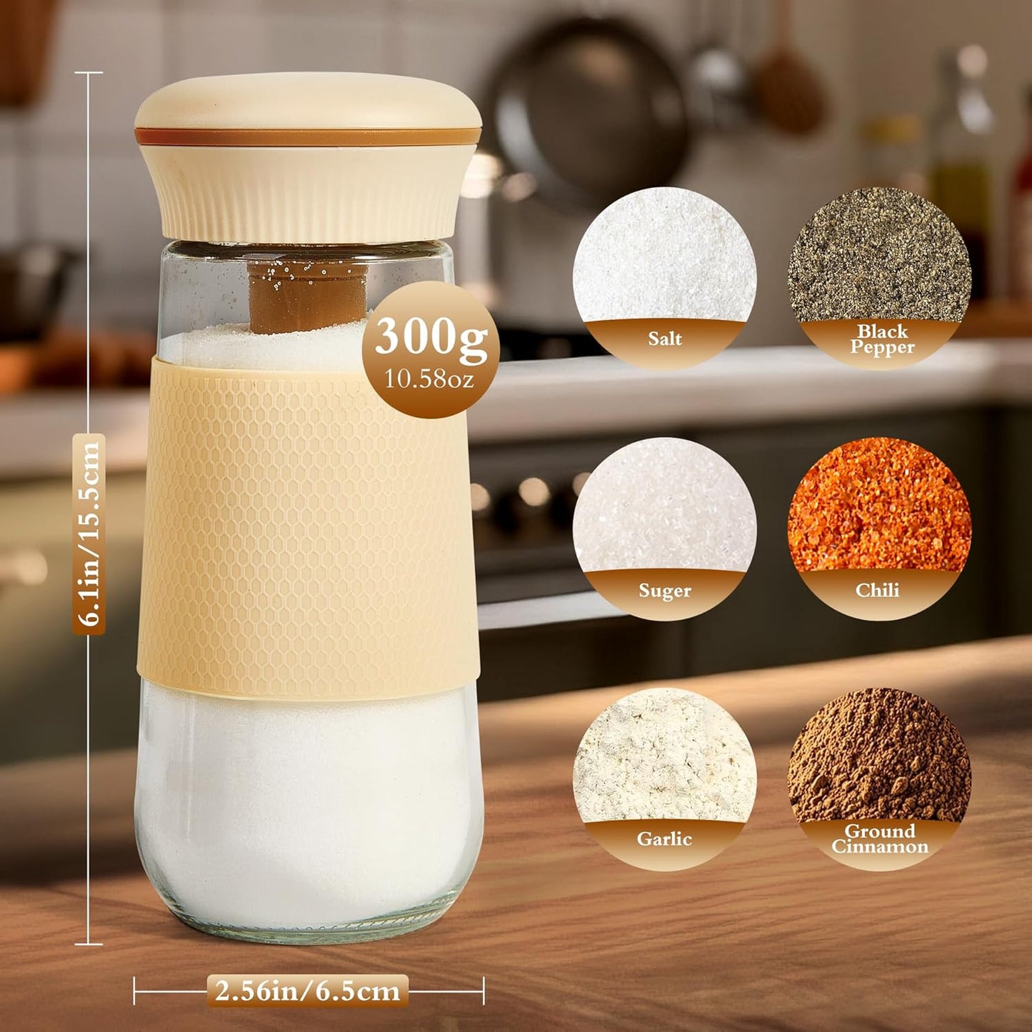 2-in-1 Salt Shaker, Glass Salt and Pepper Shakers Set with 1g Measuring Spoon, 2PCS Salt Pepper Containers Farmhouse Cute Salt Shakers for Kitchen, Easy Filling