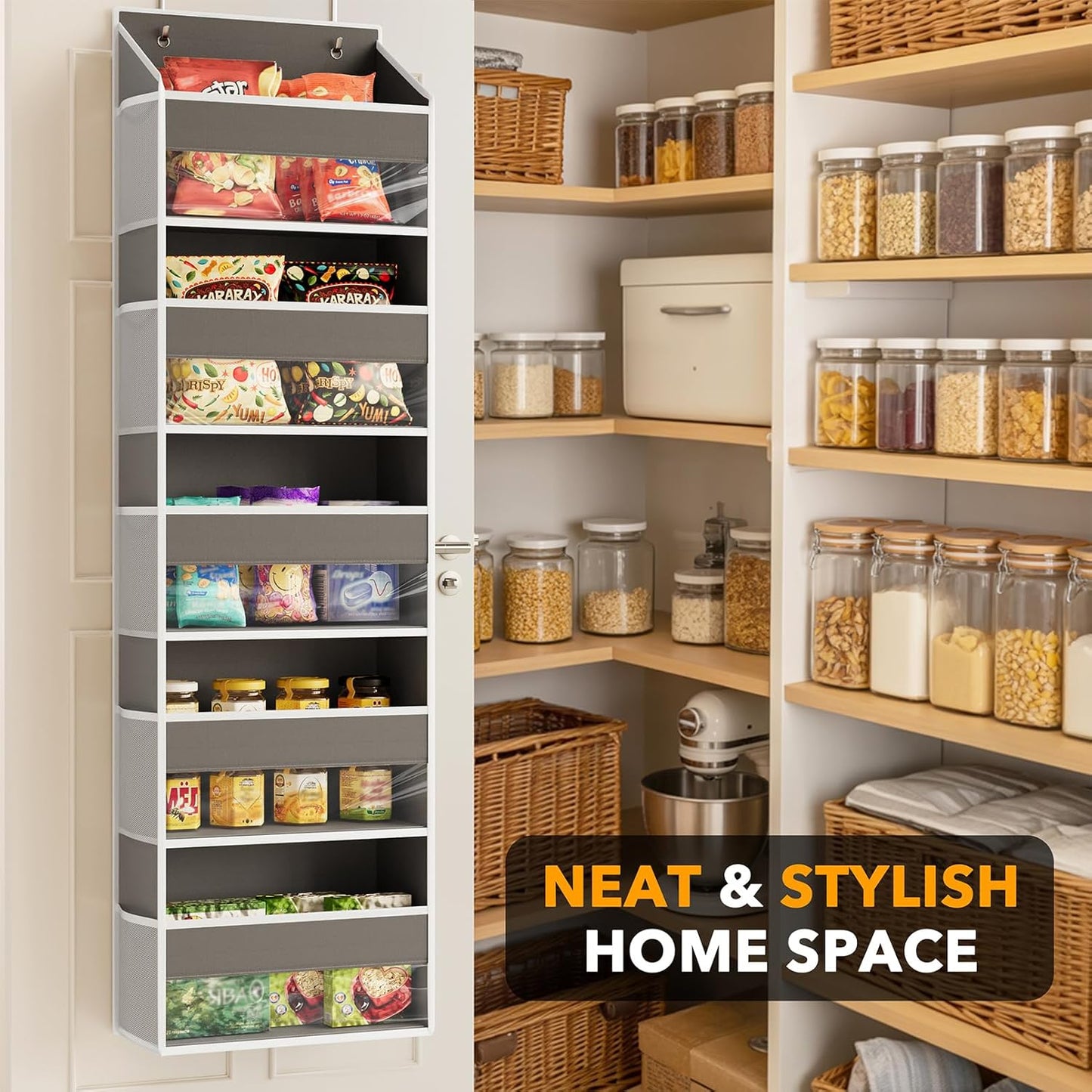 SpaceAid 1 Pack Over The Door Organizer with 5 Large Pockets and 10 Mesh Side Pockets, 5 Layers Door Organizer Hanging with Clear Window for Bedroom, Bathroom, Pantry and Nursery, Gray