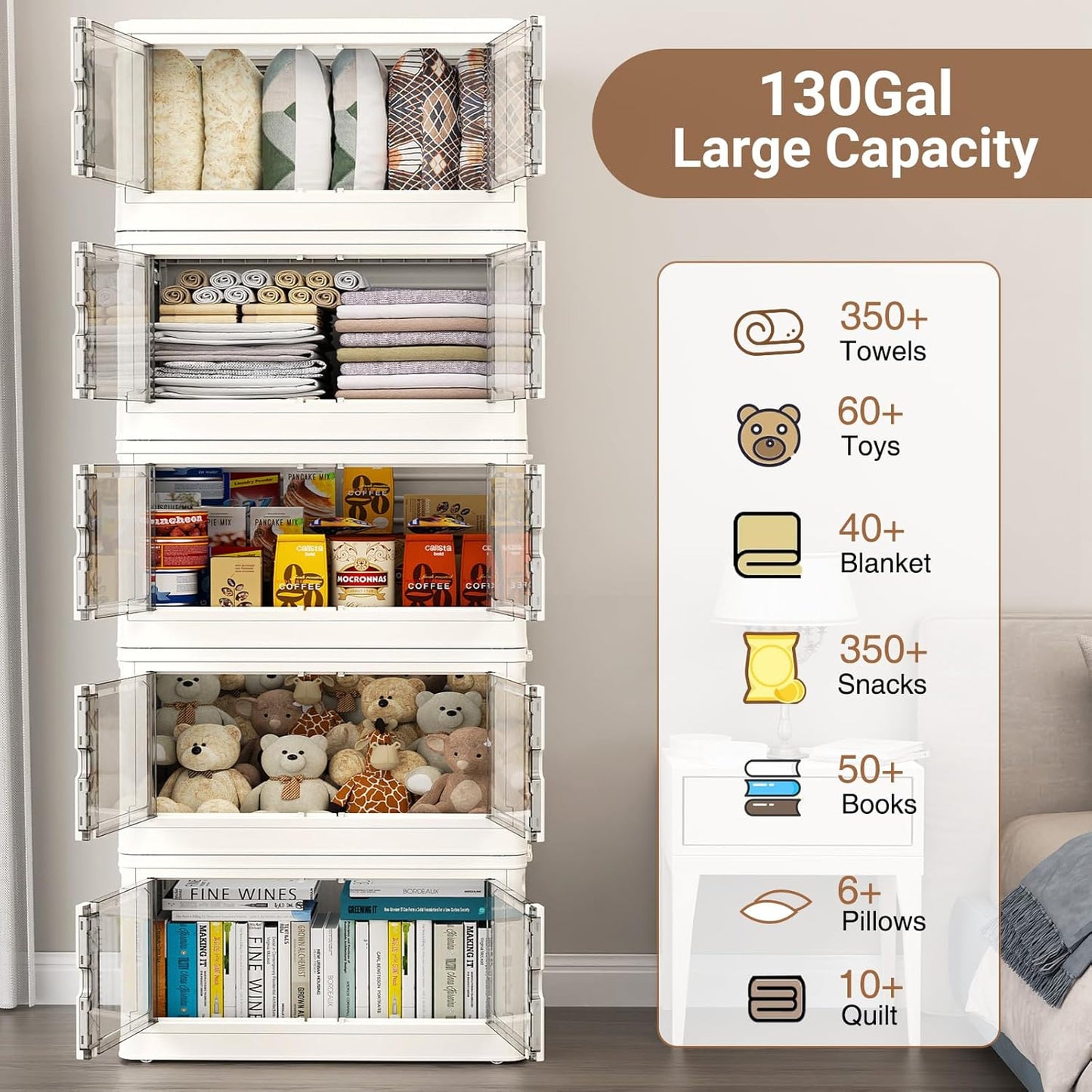 345Qt Stackable Storage Bins with Individual Lids & Wheels, Large Plastic Collapsible Latching Boxes Closet Organizers and Storage Cabinet Shelves Units for Home Kitchen Dorm, 3-Pack White