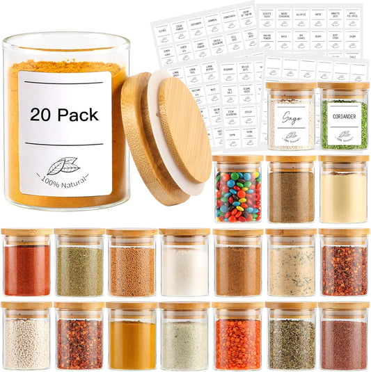 4oz Glass Spice Jars with Bamboo Lids, 20 Pack Clear Borosilicate Glass Food Storage Containers with Wooden Airtight Lids, Cylinder Glass Bottles with Lids for Kitchen Spice Sugar Salt Coffee Tea
