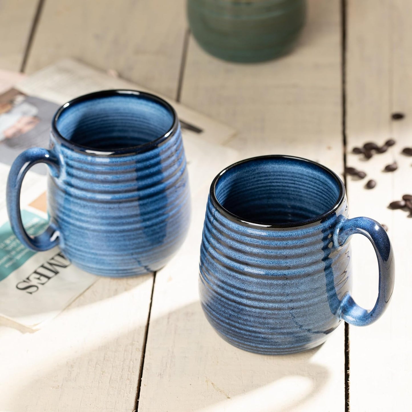 20 oz Large Ceramic Coffee Mugs set of 2, Coffee Mugs for Women and Men, Big Tea Cups, Large Handle Mug for Office and Home, Microwave and Diahwasher Safe (Blue with Stripes, 2PCS)