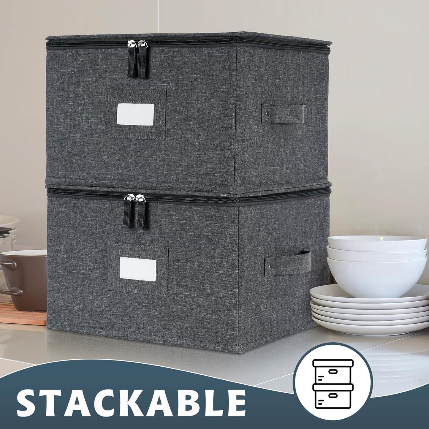 China Storage Containers Hard Shell Inside 13" W x 8" H, Charger Plate Storage Containers for Dishes, Dinnerware with 24 Felt Dividers, Hold 24 Plates, Stackable (2 Pack Grey)