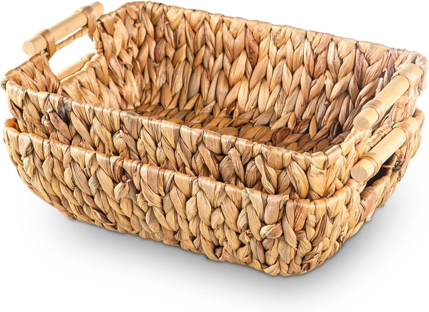 Woven Storage Baskets – Set of 2 Handwoven Water Hyacinth Wicker Baskets with Wooden Handles for Organizing, Decorative Baskets for Laundry Room, Home Decor - 2 Medium