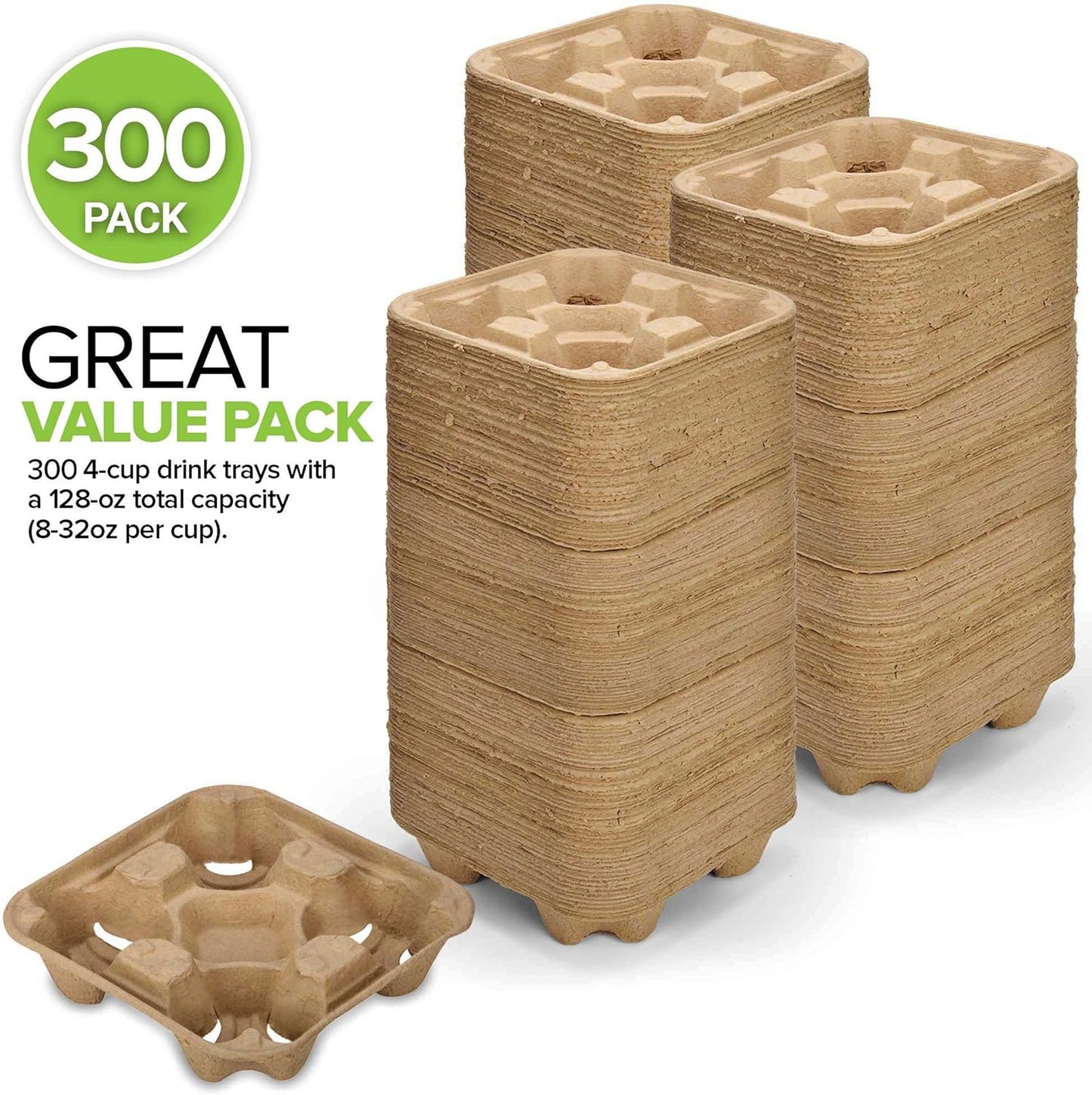 4 Cup Disposable Coffee Tray (300 Count), Commercially Compostable Cup Holder, Durable Drink Carrier for Hot or Cold Drinks, to Go Coffee Cup Holder for Food Delivery Service