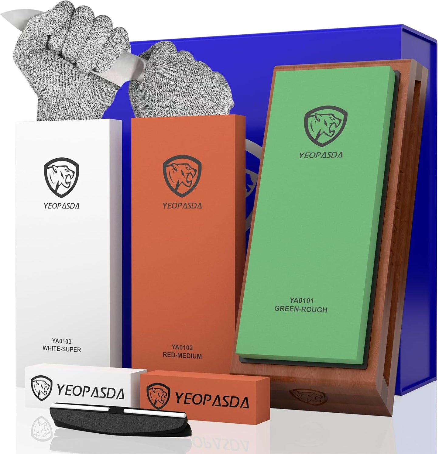 Extra Large Knife Sharpening Stone Kit - YeopAsda Thickered 3 Side Grit 400/1000/6000 Xl Wet Stone - Whetstone Knife Sharpener with Non-Slip Wood Base, Angle Guide, Cut Resistant Gloves