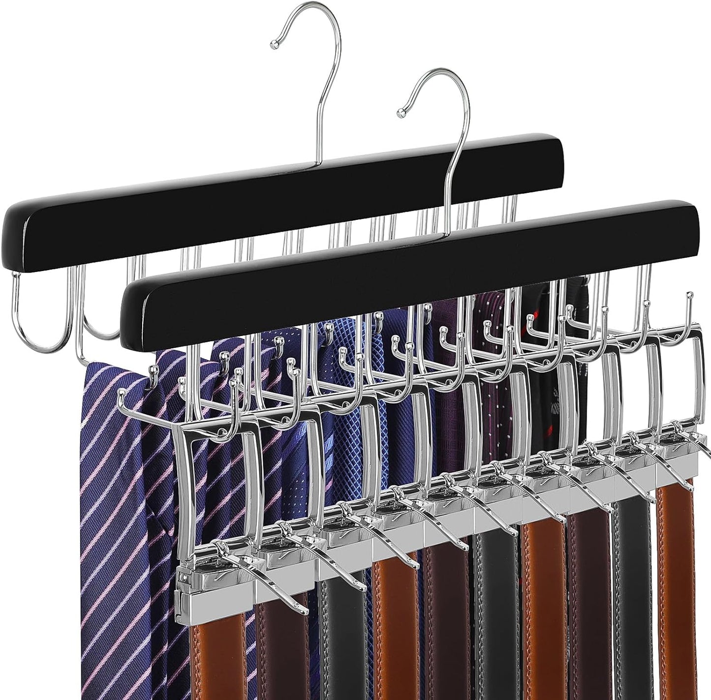 TOPIA HANGER 2 Pack 2 in 1 Belt Tie Hanger for Closet Max 60 Belts with 60 Ties Capacity, 40 Hooks Belt Tie Racks Wooden Hanger for Closet Organizer Storage “U” Fit Belt and “一” Fit Tie - CT52B