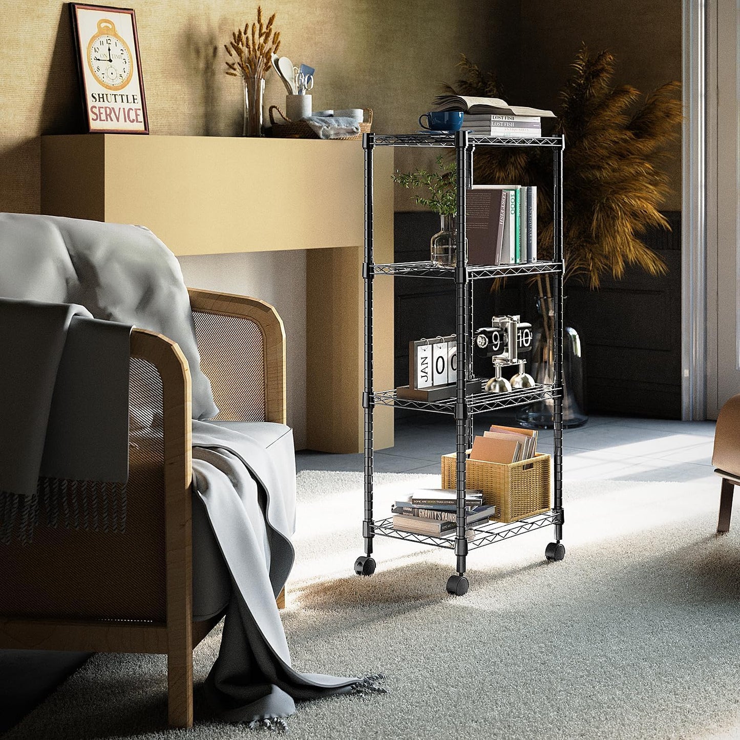 4-Shelf Adjustable Heavy Duty Steel Wire Rack, Adjustable Storage Shelving Unit with Wheel for Kitchen, Garage, Laundry Black 11.8" D x 17.7" W x 40.8" H