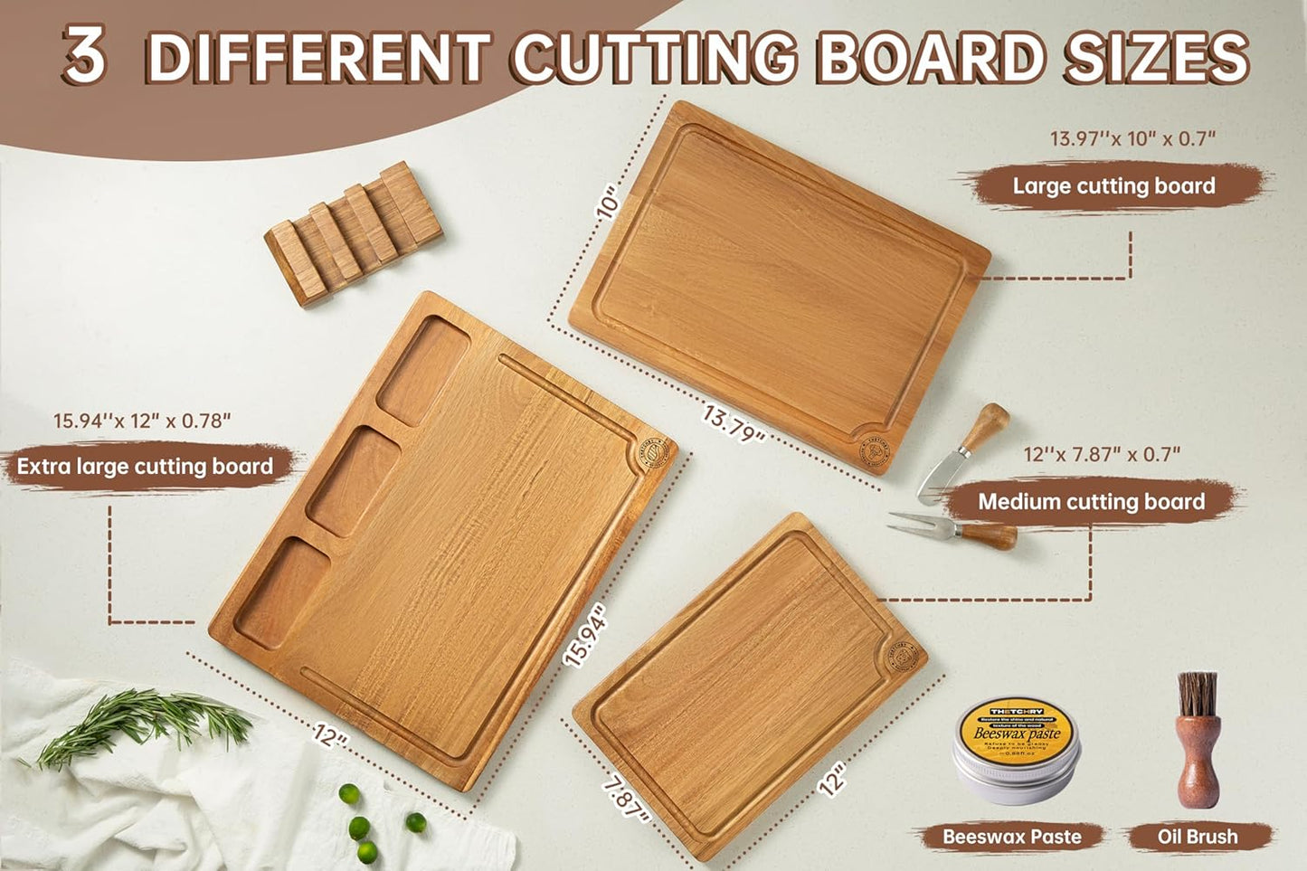 Acacia Wood Cutting Board Set,Thick Wooden Cutting Board for Kitchen with Holder,Chopping Board with Deep Grooves&Built-in Handles, Wooden Charcuterie Board Trays for Meat,Fruit,Cheese