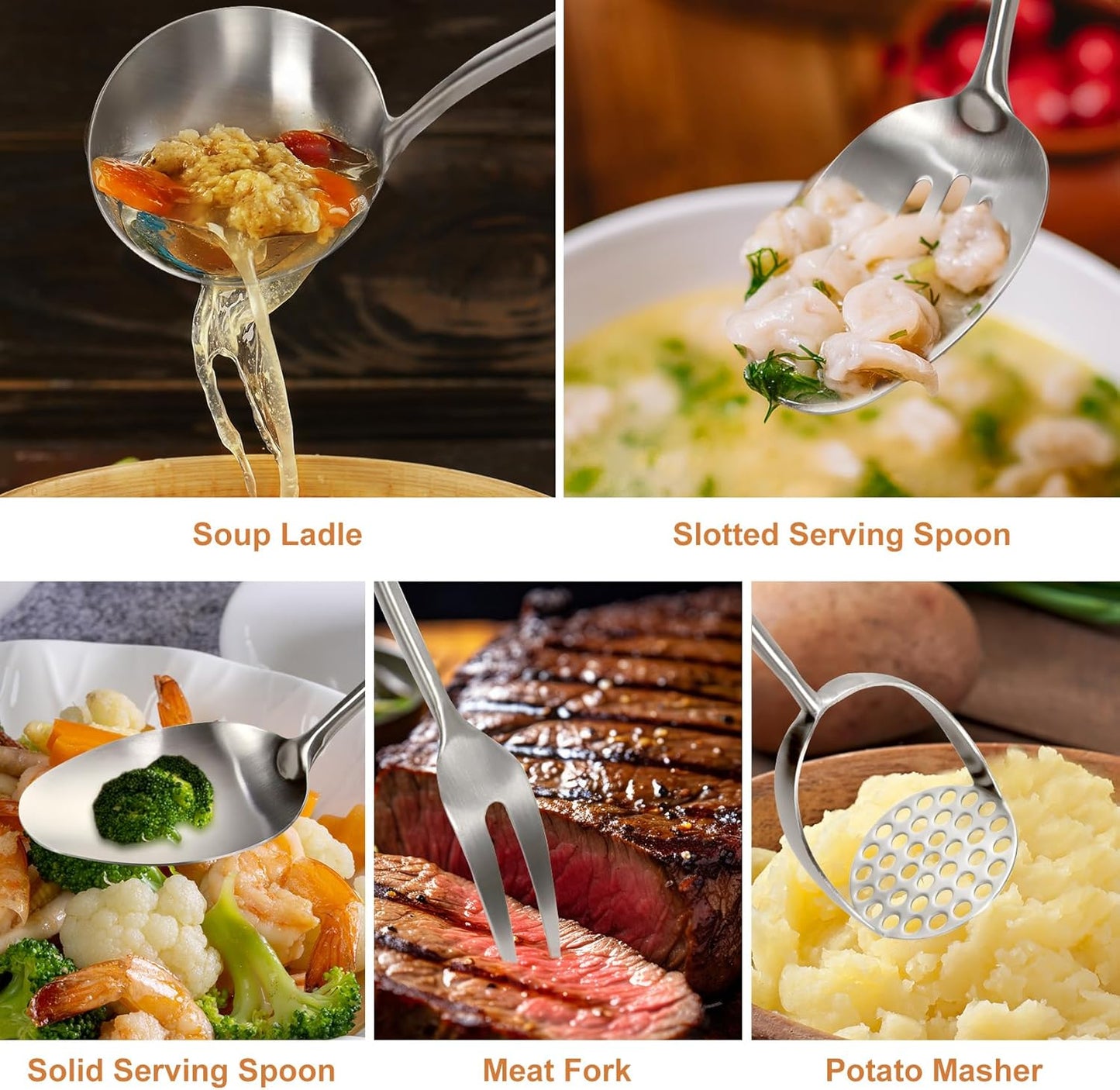 304 Stainlss Steel Kitchen Utensils Set, 12 Pcs Long Metal Utensils Set with Potato Masher, Spoon, Ladle, Skimmer, Turner, Pasta Server, Tongs etc(Dishwasher Safe)