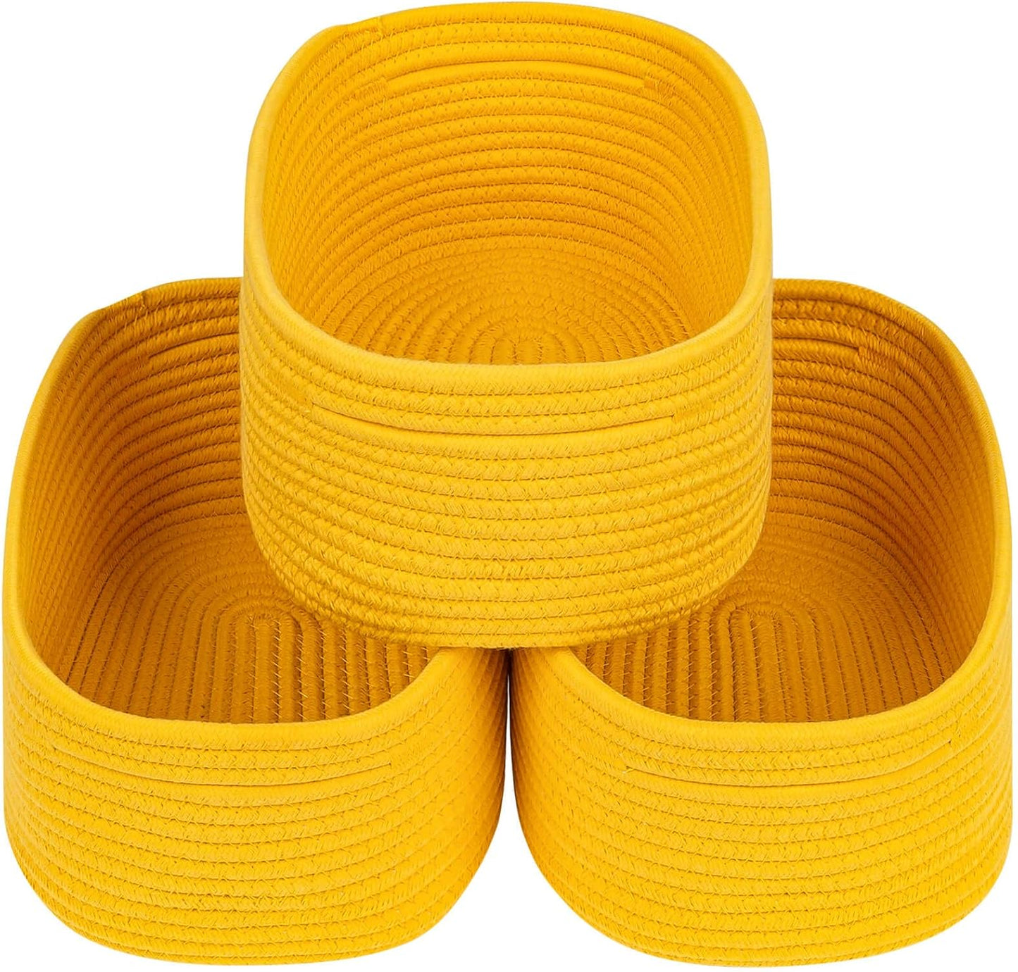 CubesLand Rope Woven Storage Baskets, Small Baby Nursery Organizer Basket, Rectangular Organization/Storage Bins, Closet Shelves Baskets，Empty Gift Basket 3 Packs, Yellow