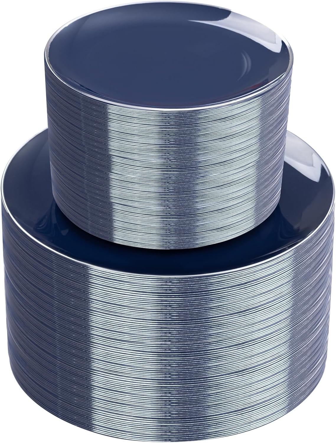 KIRE 200PCS Blue Plastic Plates with Silver Rim - Navy Blue Plastic Plates Include 100 Dinner & Dessert Plate - Heavy Duty Dark Blue Disposable Plate for Parties/Wedding