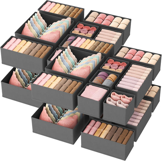 Lifewit Drawer Organizer Clothes for Closet 32 Pack, 3 Sizes Underwear Wardrobe Drawer Dividers, Fabric Foldable Dresser Storage Organizer Bins for Sock/Bra/Lingerie/Undies, Gray