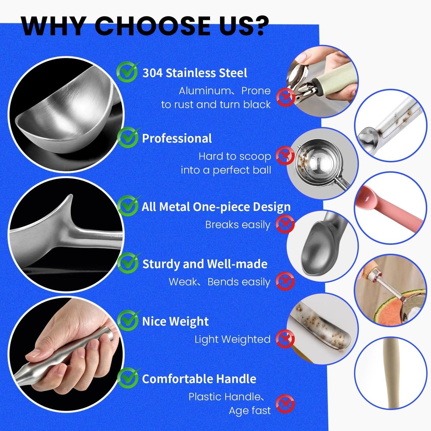 304 Stainless Steel Ice Cream Scoop, All Metal Ice Cream Scooper One-Piece Design, Heavy Duty Scoops with Comfortable Non-Slip Handle, Dishwasher Safe, Summer Gift