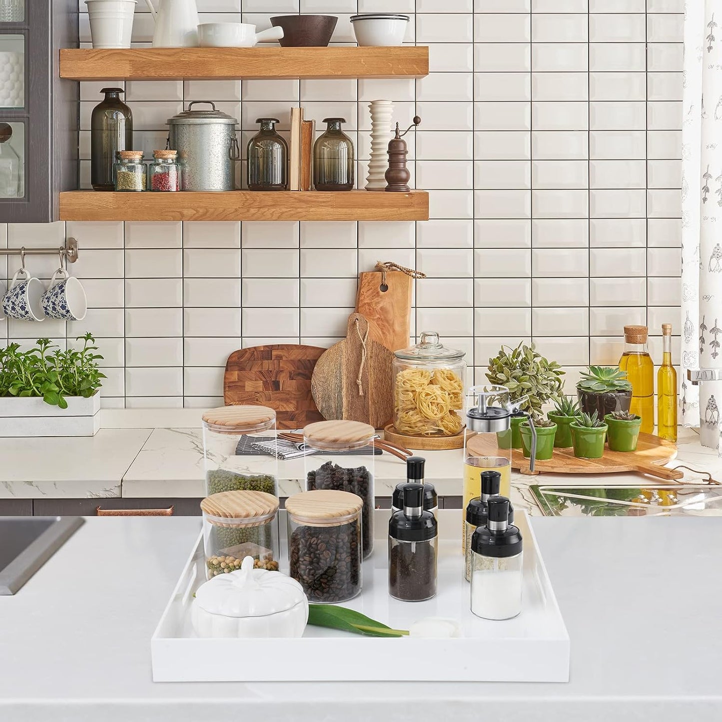 20×20 Inches Oversize Extra Large Sturdy Glossy White Acrylic Serving Tray King Size Decorative Big Ottoman Trays with Cut Out Handles Water Proof Bed Tray Coffee Counter Top Organizer