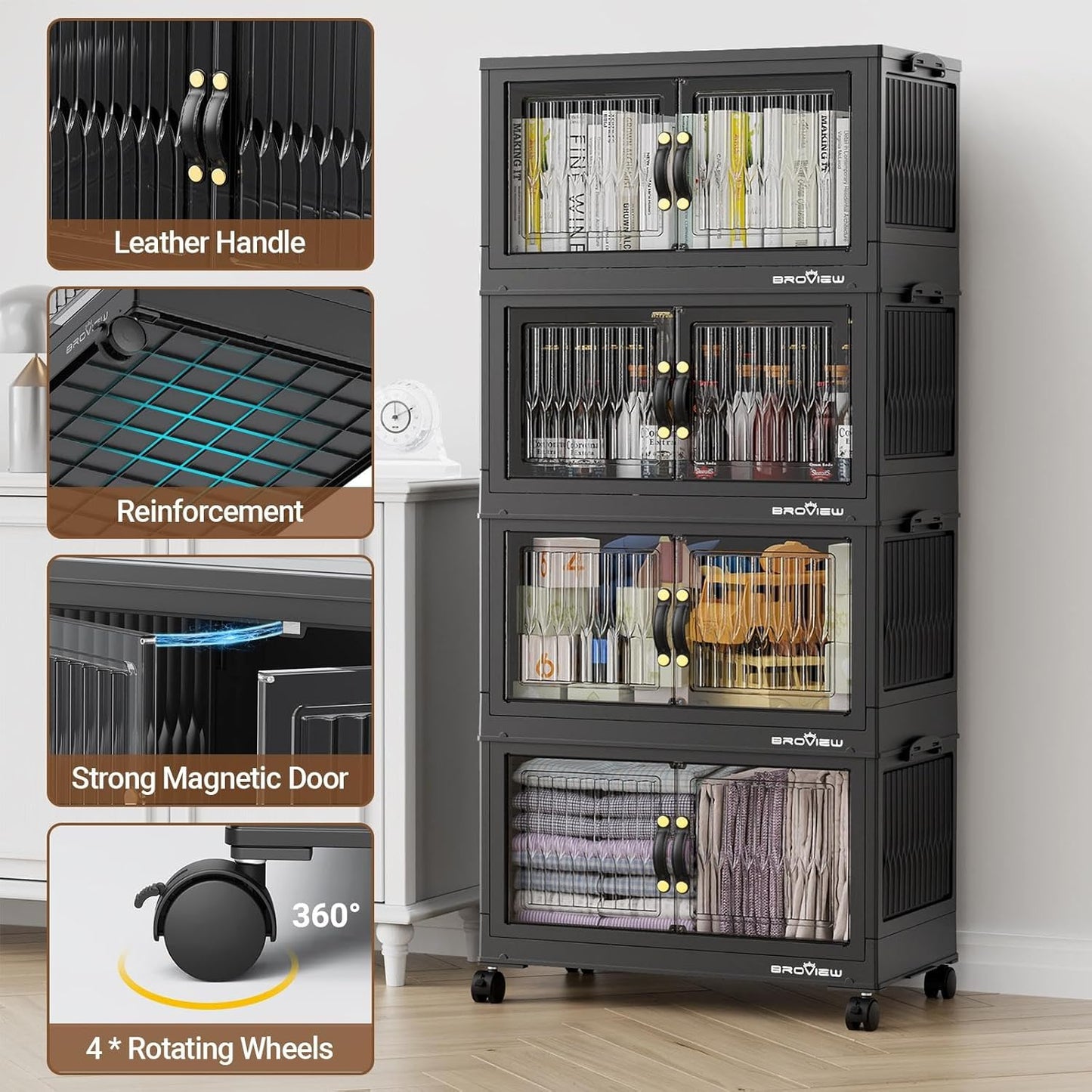 240Qt Stackable Storage Bins with Lid, Extra Large Closet Organizer Collapsible Drawer Boxes with Wheels, Folding Plastic Cabinet Containers for Home Kitchen Room Organization, 4Pack Black