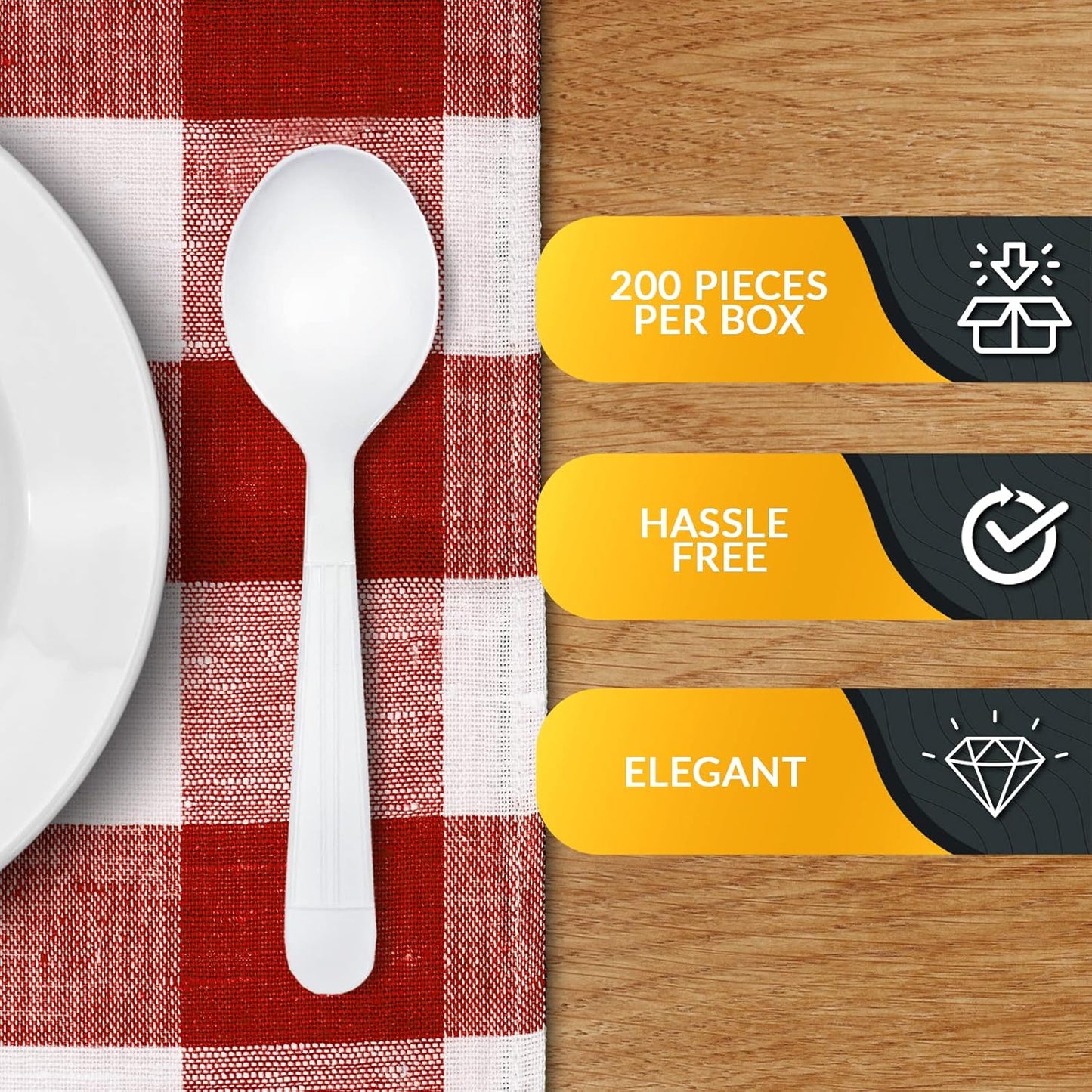 PAMI Heavy Weight Disposable Plastic Soup Spoons [200-Pack] - Bulk King Size Deluxe White Plastic Silverware For Parties, Weddings, Catering Food Stands, Takeaway- Heavy-Duty Single-Use Partyware