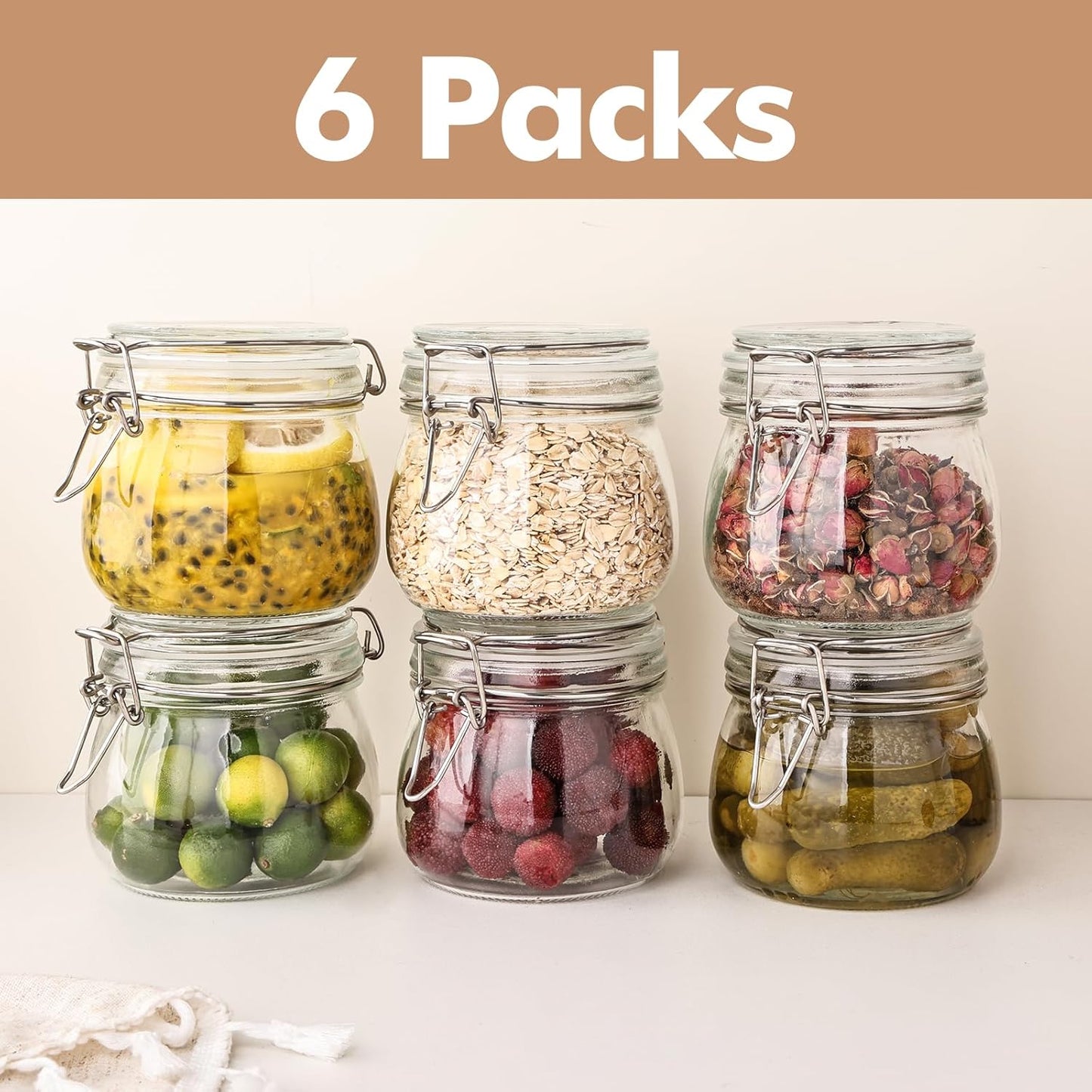 16oz - 6 Pack Round Glass Jars with Airtight Lid, Wide Mouth Mason Jars with Clamp Lids, Air Tight Glass Canisters, Food Storage Containers for Cereal, Pasta, Beans, Sugar, Coffee, Spice