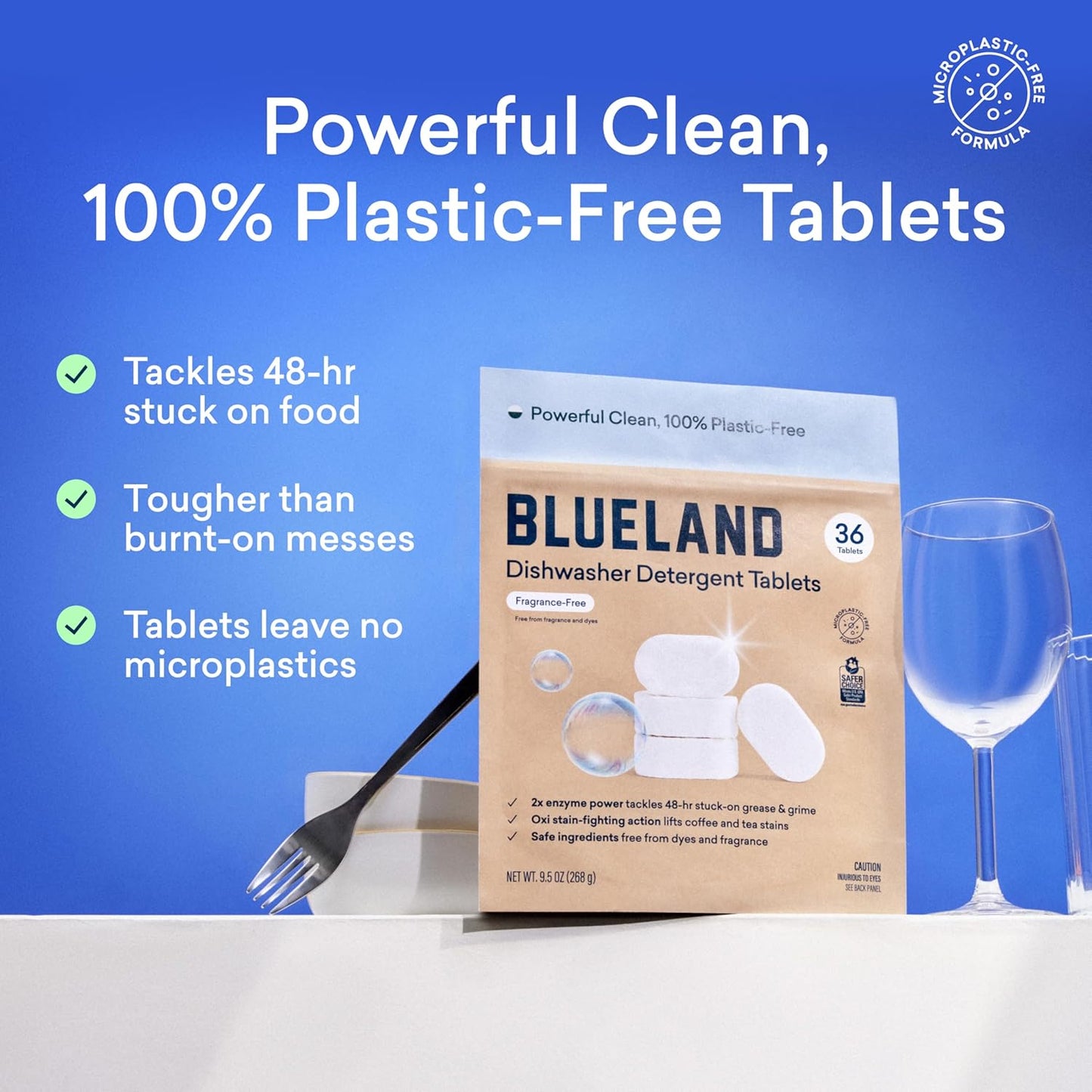 BLUELAND 100% Plastic-Free Dishwasher Detergent Tablets, 60 Count, Free & Clear, Eco-Friendly Dishwashing Pods, Natural, USDA Certified biobased
