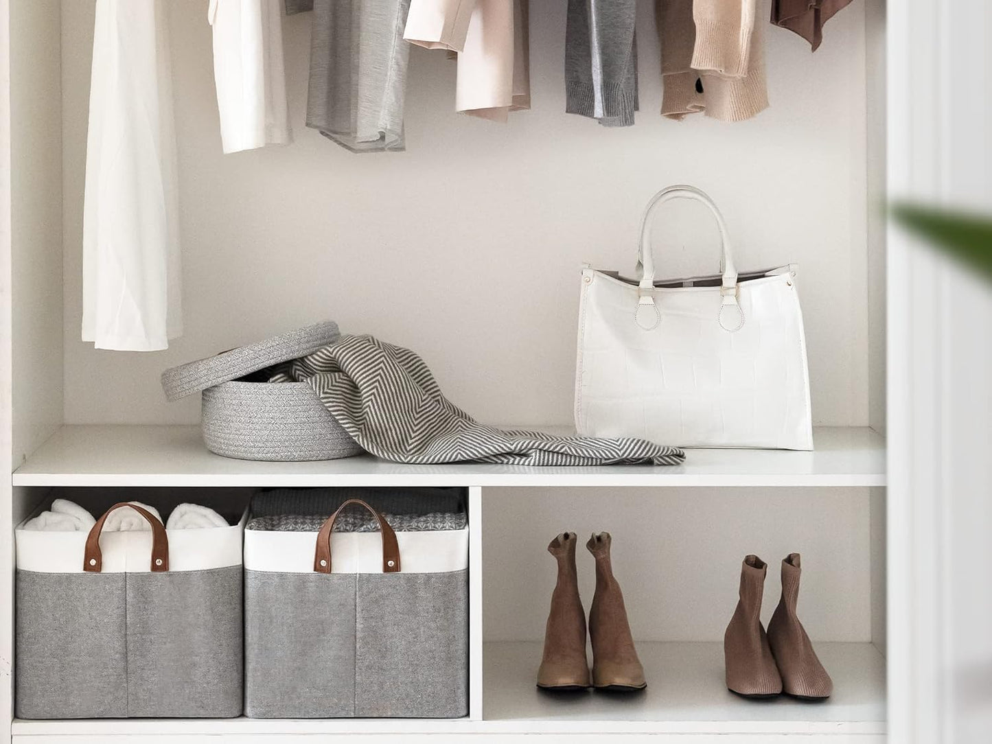 StorageWorks 45L Large Storage Bins for Closet and Shelves, Fabric Organizer Baskets with Metal Frame for Clothes, Towels, Collapsible Storage Basket, Gray and White, 2-Pack