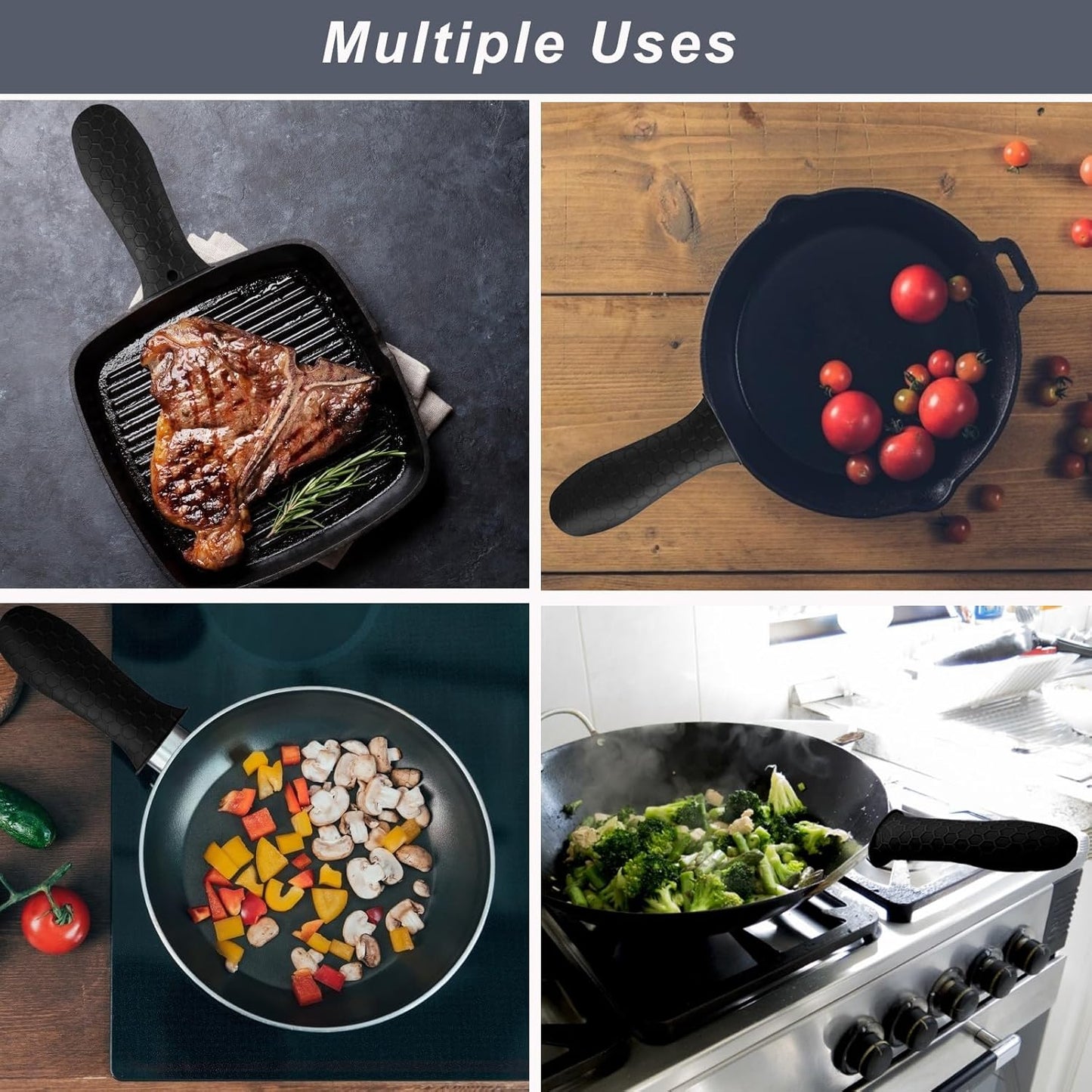 4 Pcs Non-Slip Silicone Hot Handle Holder & Assist Grips, Potholder for Cast Iron Skillets, Heat Resistant Handle Cover Sleeve for Frying Pans, Casserole, Cookware Handles, Black