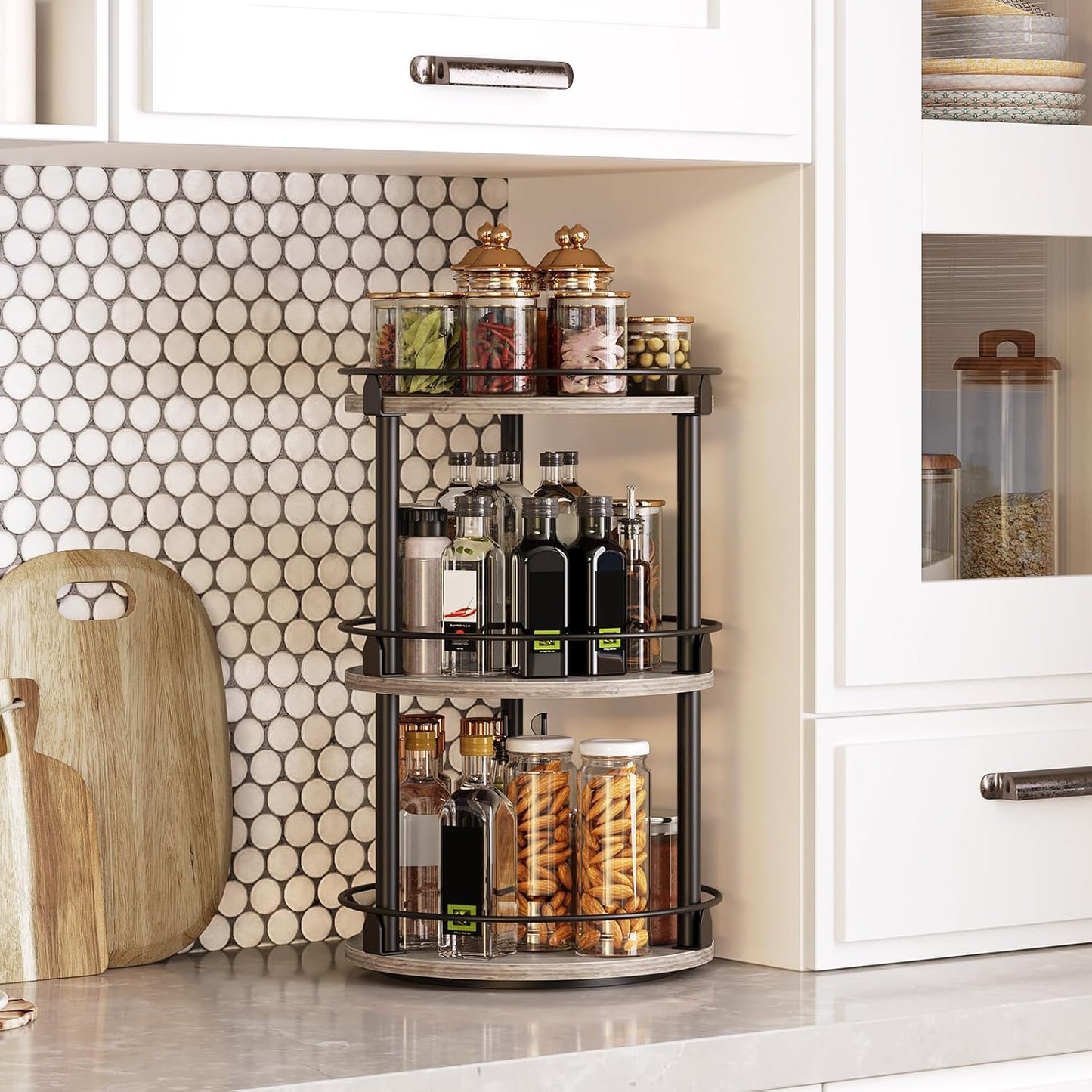 3-Tier Lazy Susan Organizer, Rotating Spice Rack, Spinning Organizer, Industrial Turntable Spice Rack Organizer for Cabinet, Kitchen Countertop, Greige and Black SR23BG