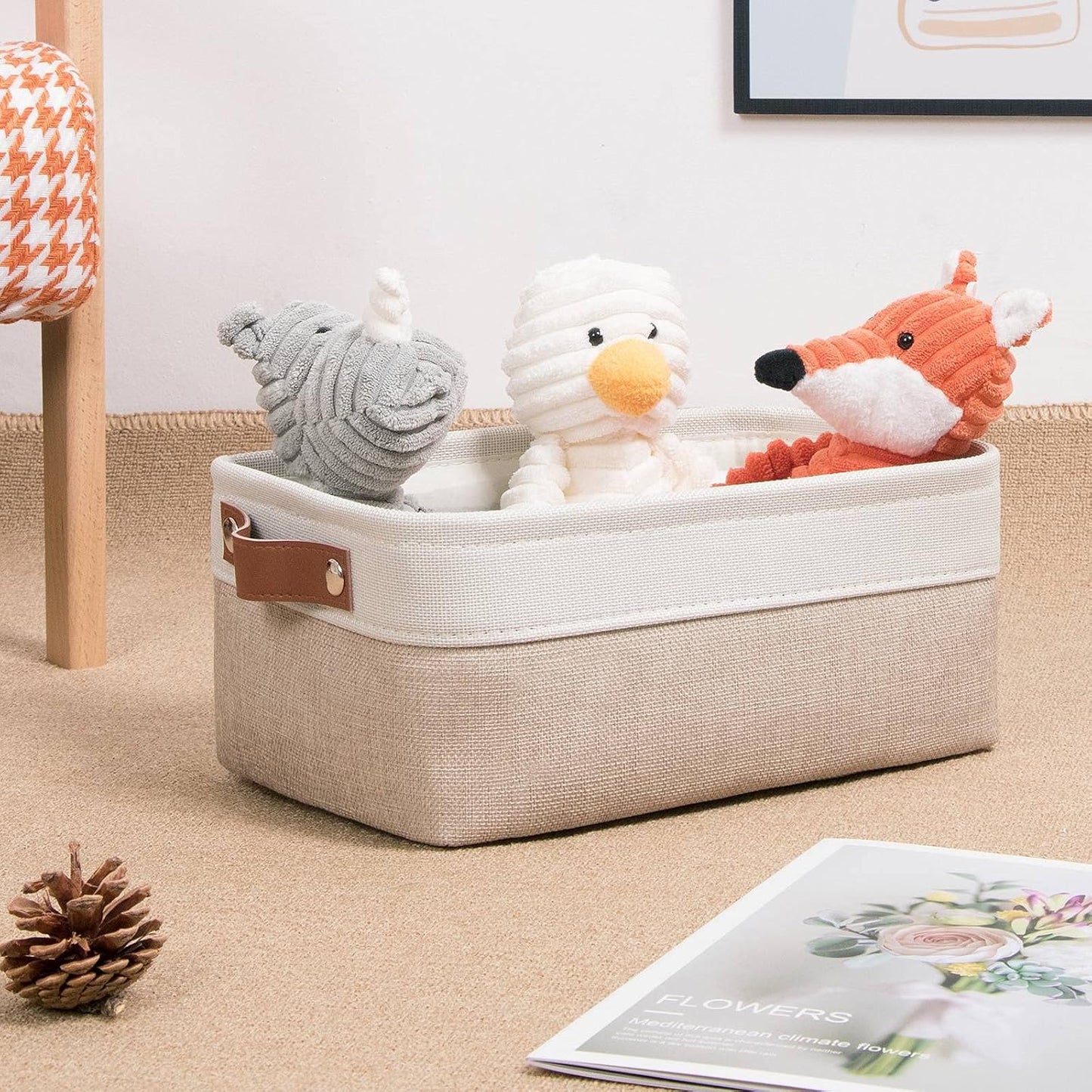 DULLEMELO Small Storage Bins, Storage Baskets for Organizing, Collapsible Rectangular Fabric Baskets for Shelves, Closets, Nursery, Home, Office, Empty Gift Baskets (6-Pack, White&Khaki)