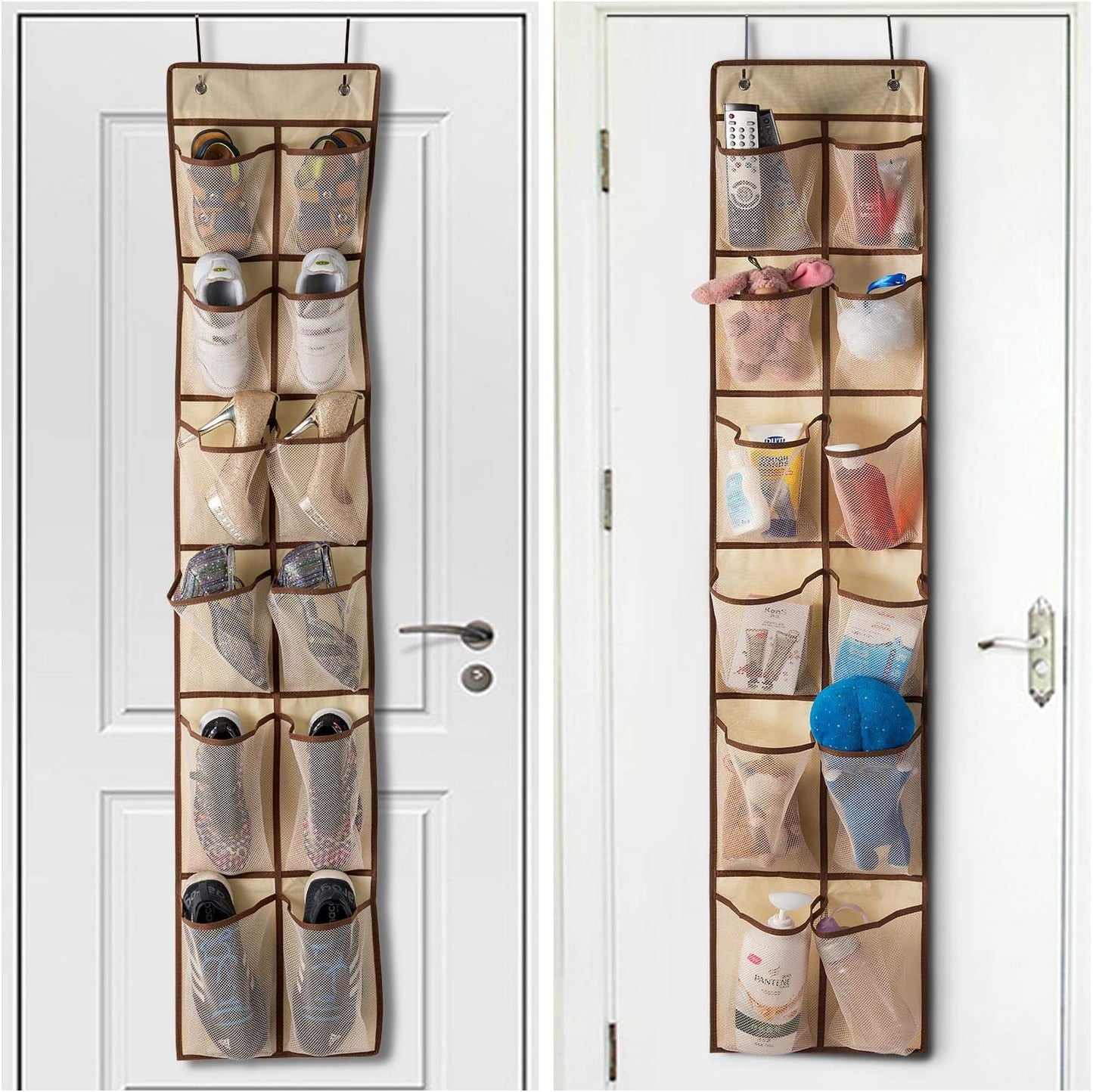 KEEPJOY Over The Door Shoe Organizer,Hanging Shoe Organizer 12 Mesh Pockets Shoe Organizer for Closet,Works Well for Men and Woman Kids Shoes Storage, 57.5×12.6inch(Beige)