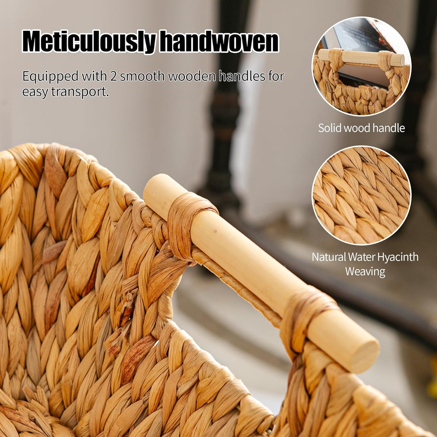 Woven Storage Baskets – Set of 2 Handwoven Water Hyacinth Wicker Baskets with Wooden Handles for Organizing, Decorative Baskets for Laundry Room, Home Decor - 2 Medium