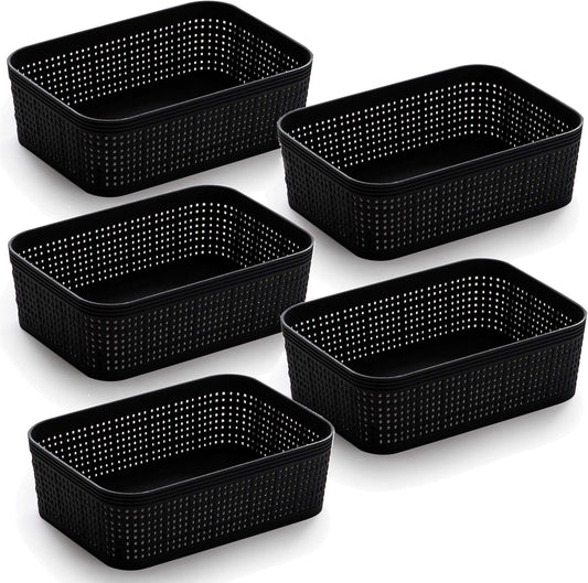 BINO | Woven Plastic Basket | XS (Black), 5-Pack | THE JUTE COLLECTION | Home Organization, Space - Saving Storage, Stylish Design | Jute Basket | Plastic Storage Basket