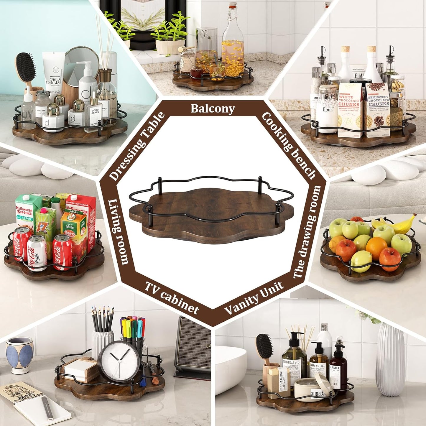 12" Lazy Susan Turntable Organizer,Round Wooden Lazy Susan Organization and Rotating Spice Rack for Dining Table,Pantry,Kitchen Countertop,Vanity,Cupboard and More.Vintage Wood(Petal Shape)