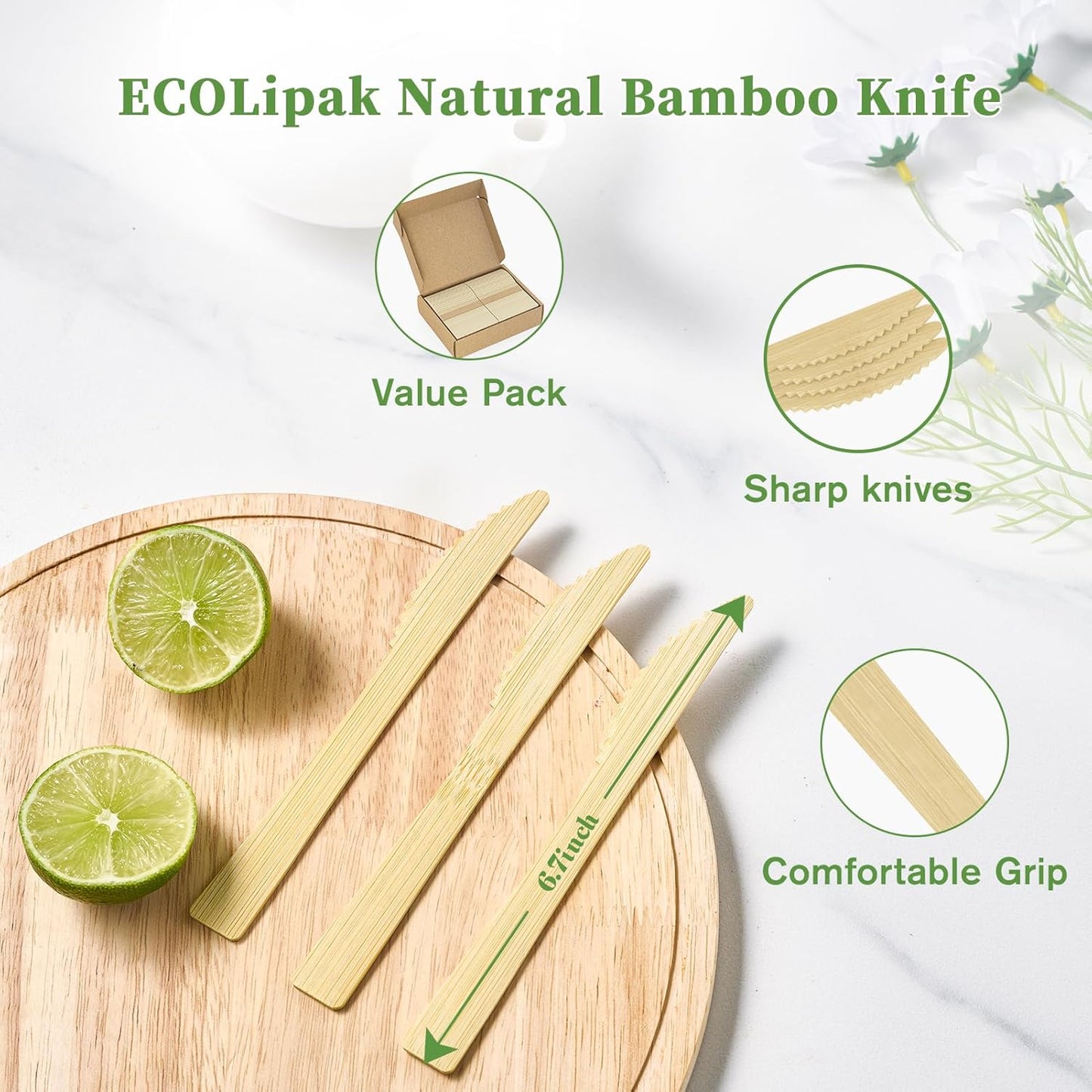 ECOLipak 300 Count Disposable Bamboo Knives, 6.7 Inch Bamboo Compostable Disposable Knives for Party, Wedding, Camping, Traveling, Family Dinners, Large Events