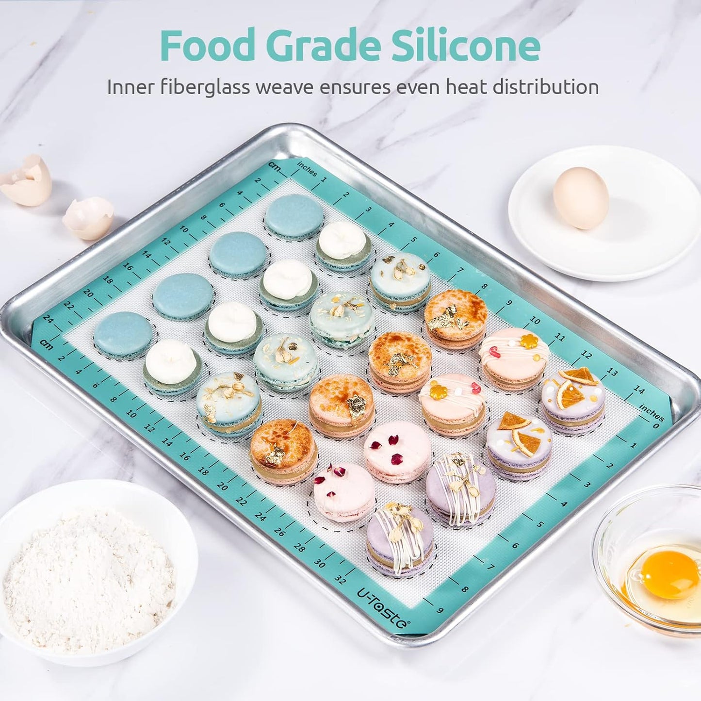 446ºF Heat Resistant Macaron Mat: U-Taste 11.75x8.25in Non Stick Silicone Baking Mat, Reusable Cookies Pastry Sheet Liner with Edge Enhancement & Circle Measurement for Cake Pan (Aqua Sky)