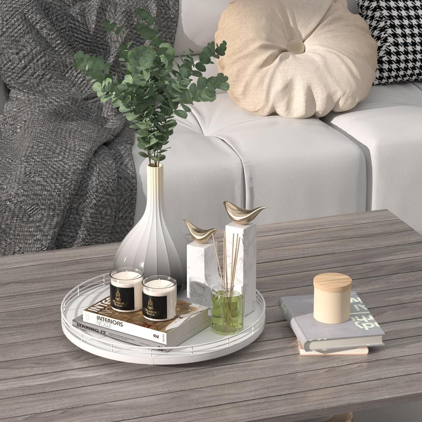 13" Oak Wood Decorative Tray for Home Decor, Tray for Coffee Table Decor Perfume Nightstand Vanity Bathroom Trays for Counter Candle Jewelry Makeup Farmhouse Table Centerpiece for Dining Room White