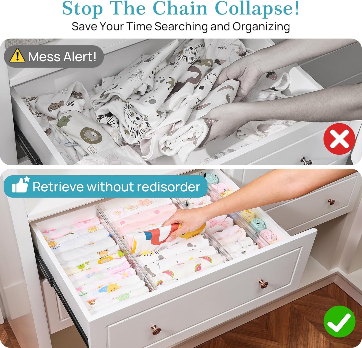 Vtopmart 8 Pack 4" Regular Upgrade Drawer Dividers for Clothes, 12.8"-22.3" Expandable Dresser Drawer Organizer, Clear Plastic Separators for Dresser, Baby Clothing, Underwear, Cosmetic, Toiletries