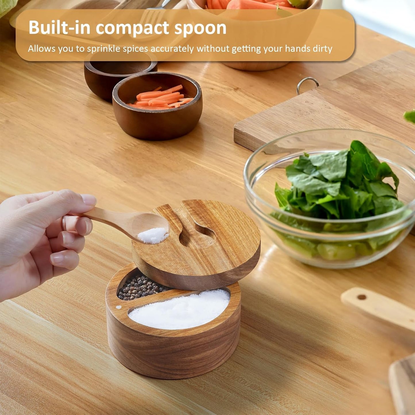 2-Compartment Acacia Salt Box with Lid and Spoon, Salt Cellar with Swivel Lid, Salt Container Holder for Sea Salt Herbs or Favorite Seasonings, Dual 6 oz Salt Bowl