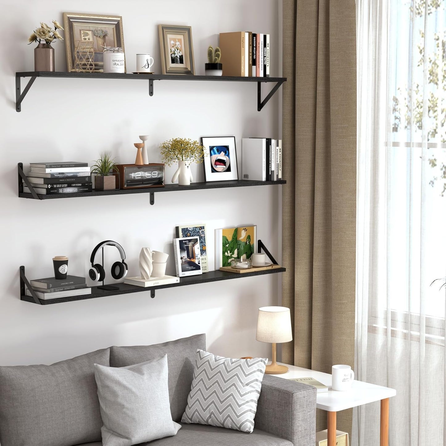 Heimlove 48 Inch Large Wall Bookshelves Set of 3, Wall Mounted Bookshelves,Heavy Duty Wooden Shelves for Living Room,Bedroom,Kitchen,Laundry Room Storage & Decor