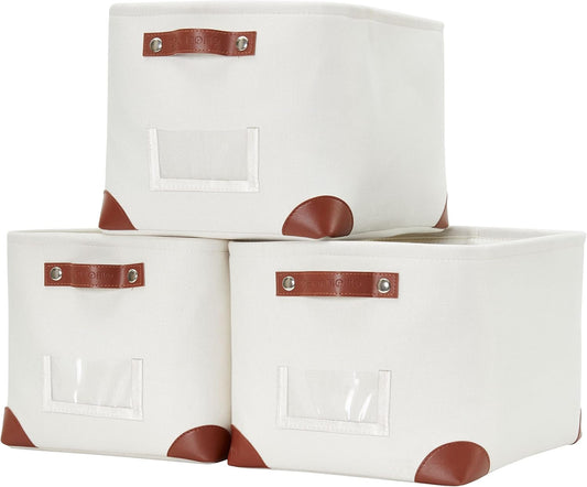 DECOMOMO White Storage Bins Fabric Storage Baskets for Shelves & Linen Closet Organization (Creamy White W/Label holder, Large - 3 Pack)