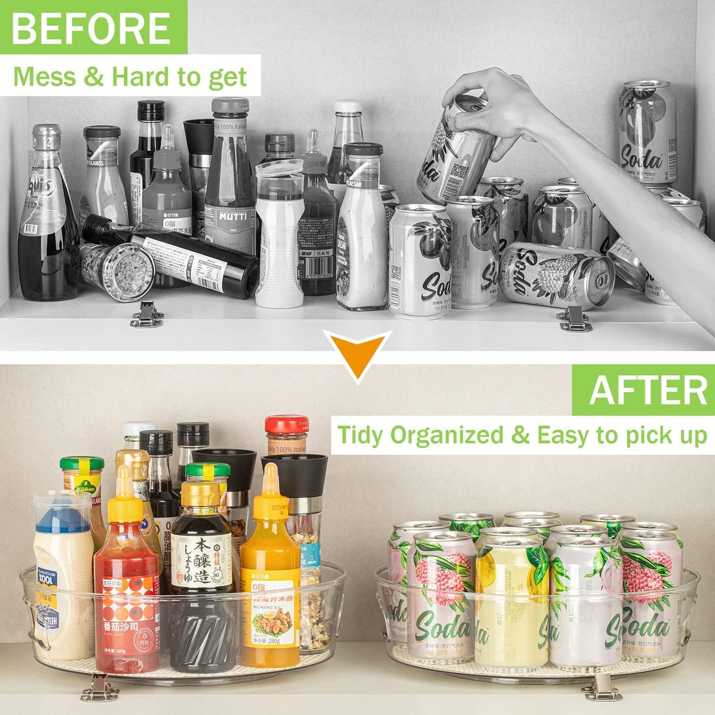 4 Pack Lazy Susan Organizer with Non-Skid Liners, 12-inch Spinning Turntable with Handle, Spice and Refrigerator Organizers, Pantry Organizers and Storage, Round