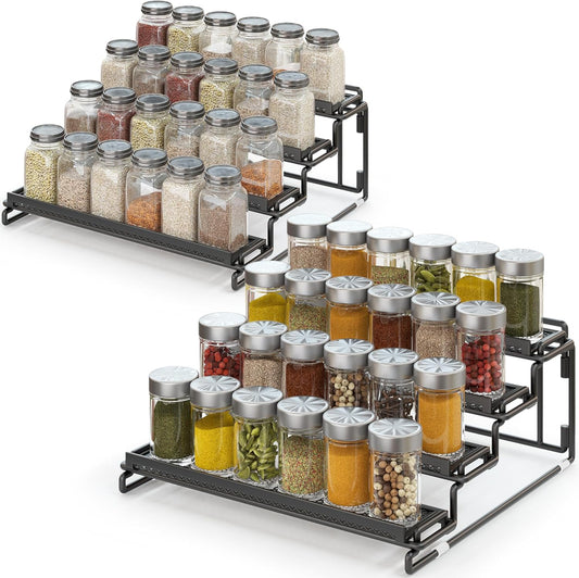 4 Tier Spice Rack Organizer for Cabinet - Black (2 Pack) | Spice Holder Shelf with Protection Railing for Inside Cabinets, Countertop, Pantry Storage & Seasoning Organization