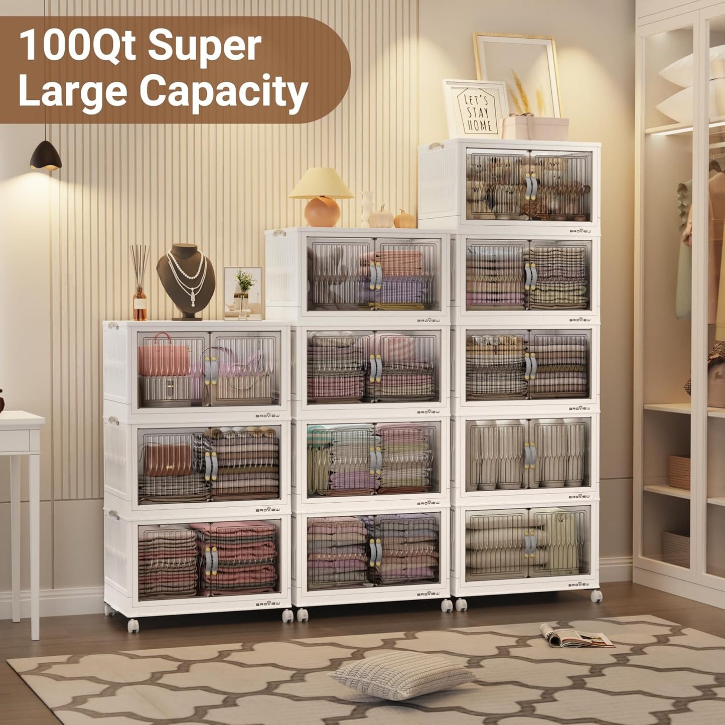 400Qt Stackable Storage Bins with Lid, Extra Large Closet Organizer Collapsible Drawer Boxes with Wheels, Folding Plastic Cabinet Containers for Home Kitchen Room Organization, 4Pack White