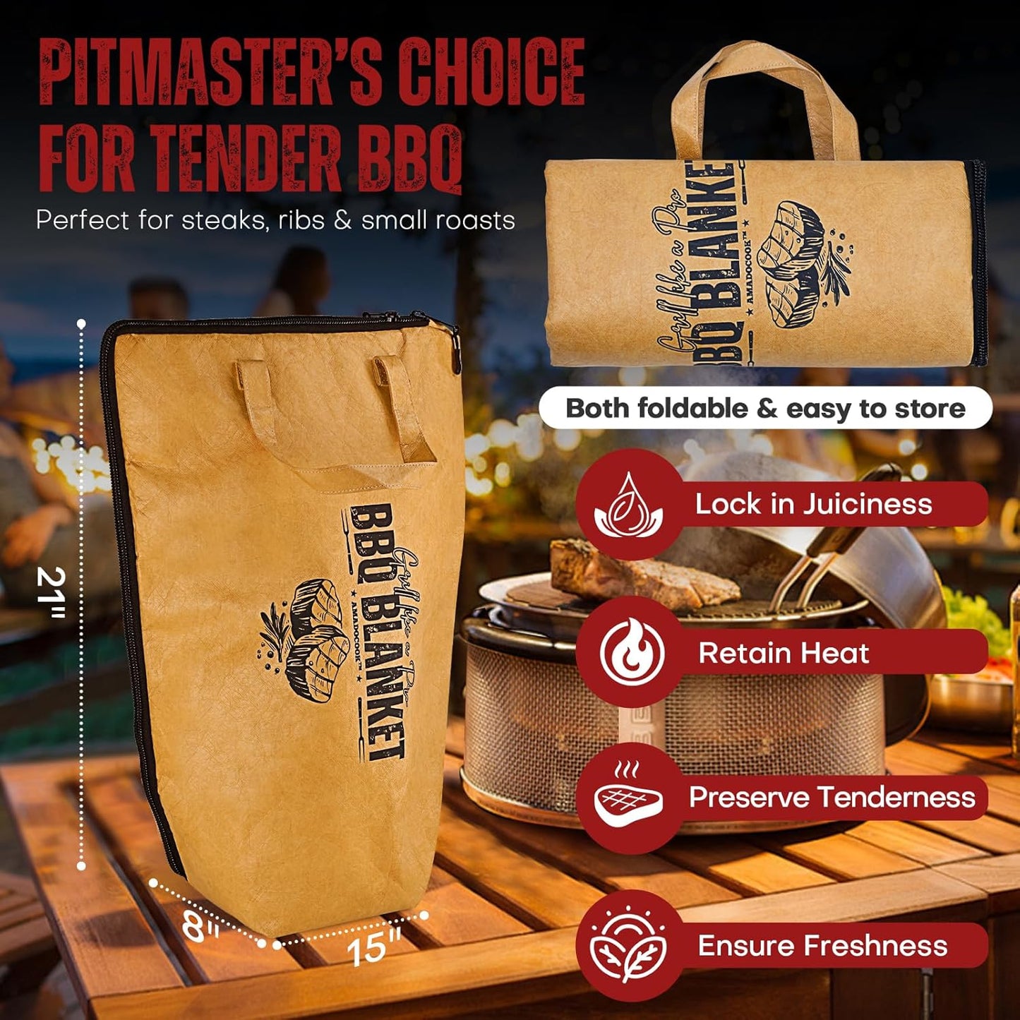 AMADOCOOK™ BBQ Blanket for Resting Meat - Reusable Insulated Meat Resting Bag for Moisture Retention and Tender BBQ - Heavy-Duty with Wide Mouth for Large Brisket, Turkey