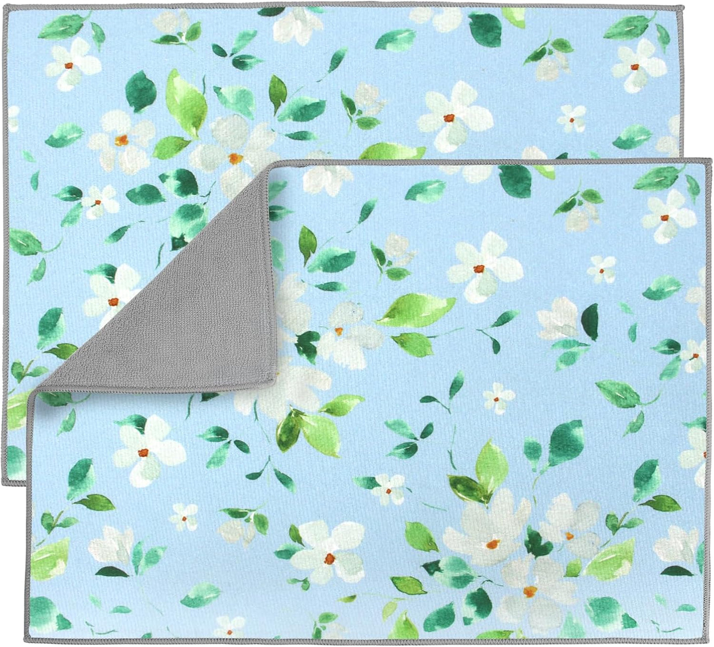 2 Pack Jasmine Dish Drying Mats For Kitchen Counter, Floral Print Dish Drying Mat - 20x15 inches, Absorbent Kitchen Counter Drying Mat, Dish Mat, Fast Drying